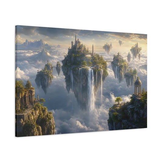 Main Mockup. Fairytale Floating Islands Fantasy Landscape shown as stretched canvas wall art