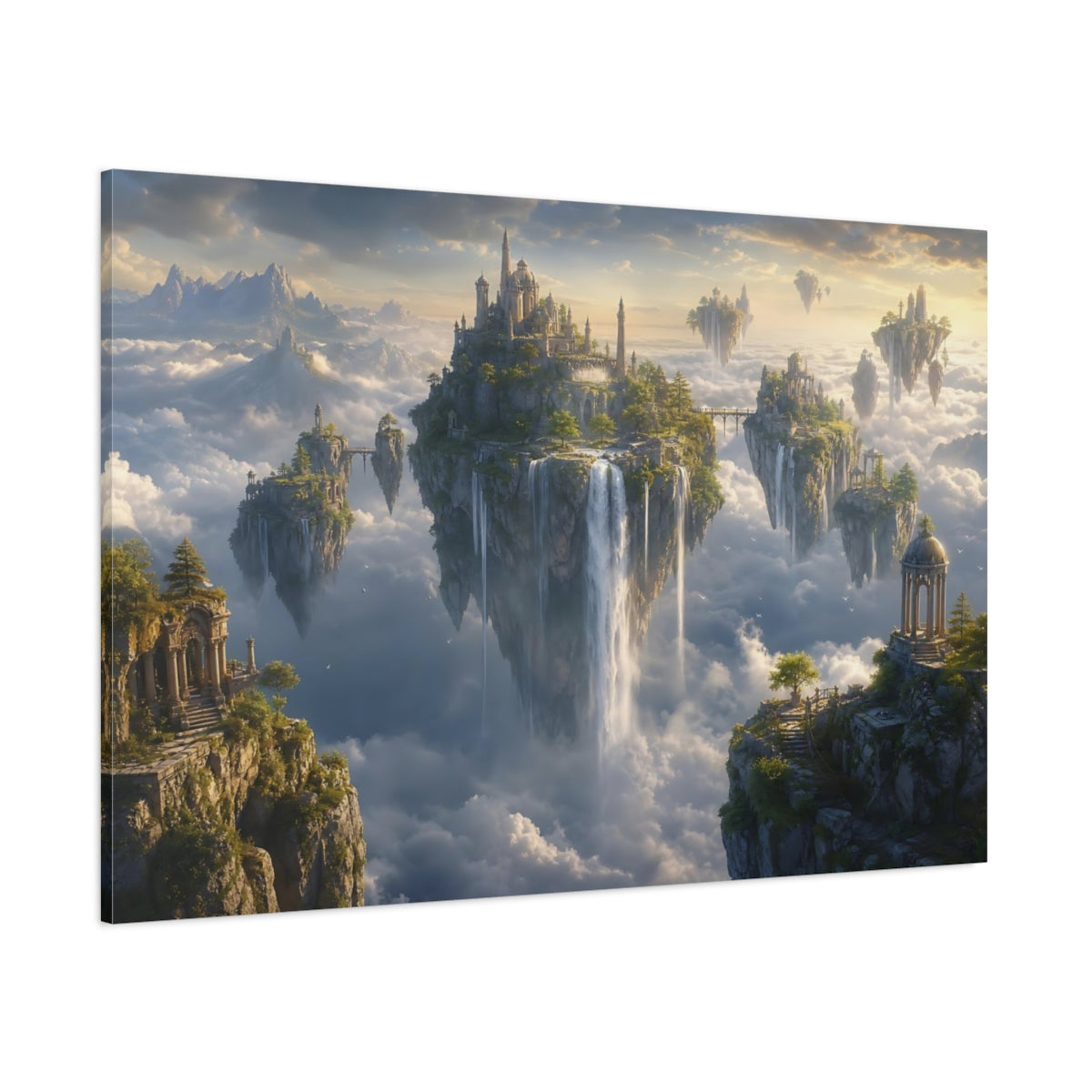 Side Mockup 1. Fairytale Floating Islands Fantasy Landscape shown as stretched canvas wall art