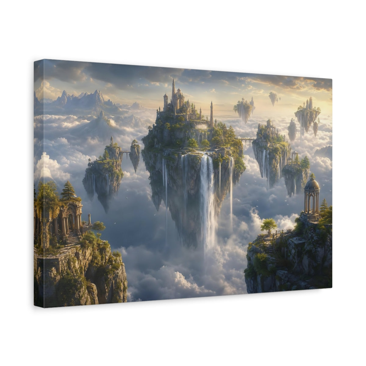 Side Mockup 4. Fairytale Floating Islands Fantasy Landscape shown as stretched canvas wall art