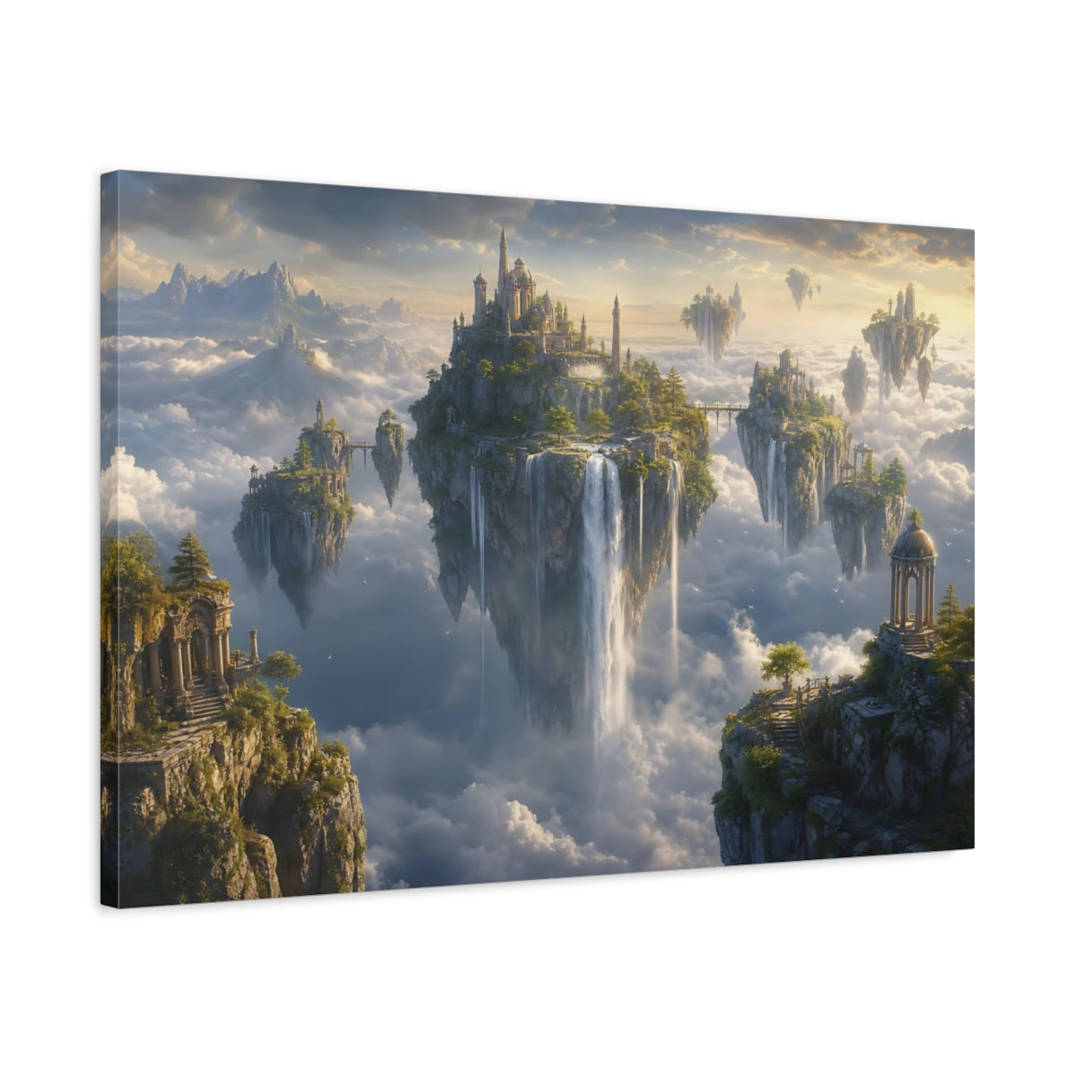 Side Mockup 2. Fairytale Floating Islands Fantasy Landscape shown as stretched canvas wall art