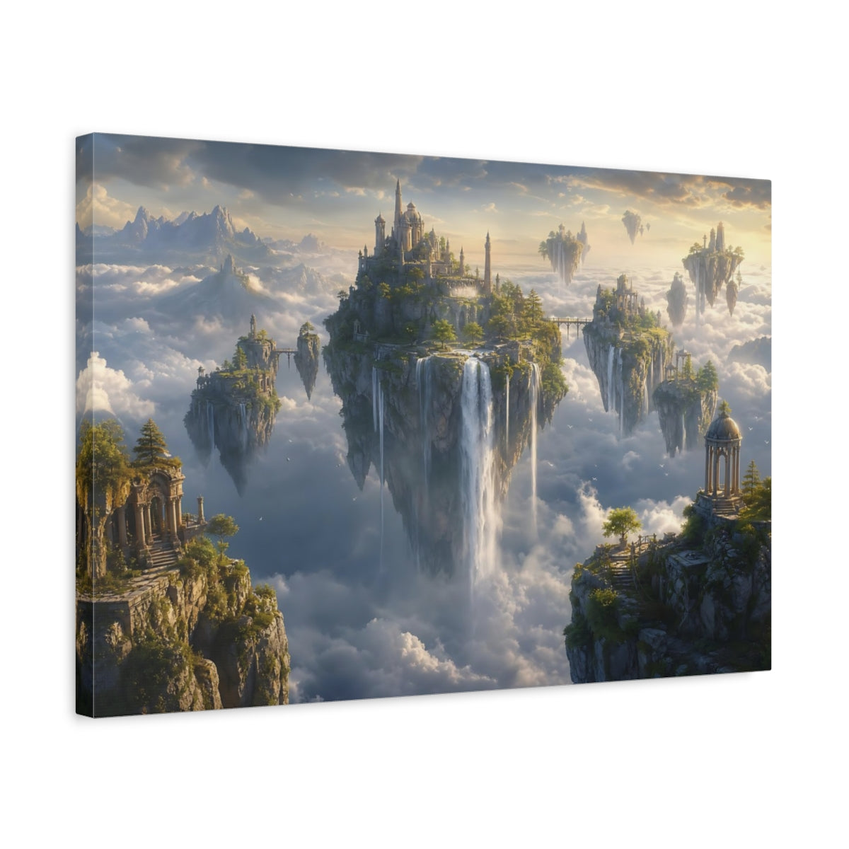 Side Mockup 3. Fairytale Floating Islands Fantasy Landscape shown as stretched canvas wall art