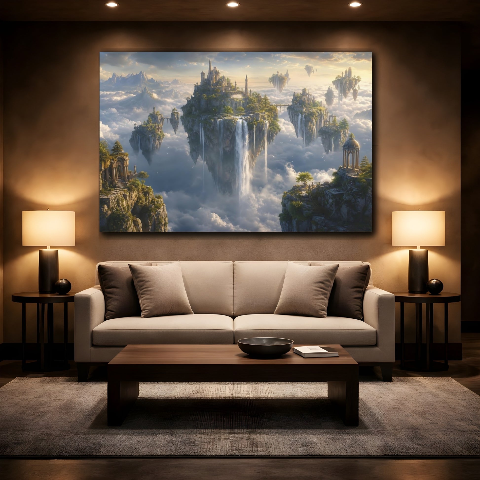 Mockup 2. Fairytale Floating Islands Fantasy Landscape shown as stretched canvas wall art