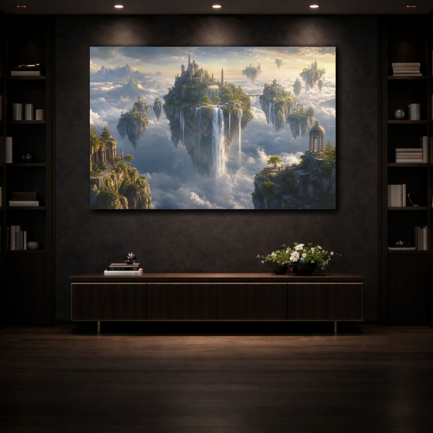 Mockup 3. Fairytale Floating Islands Fantasy Landscape shown as stretched canvas wall art