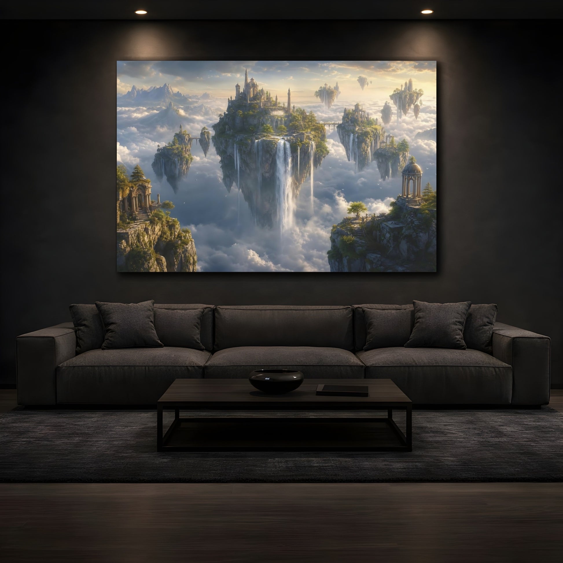 Mockup 4. Fairytale Floating Islands Fantasy Landscape shown as stretched canvas wall art