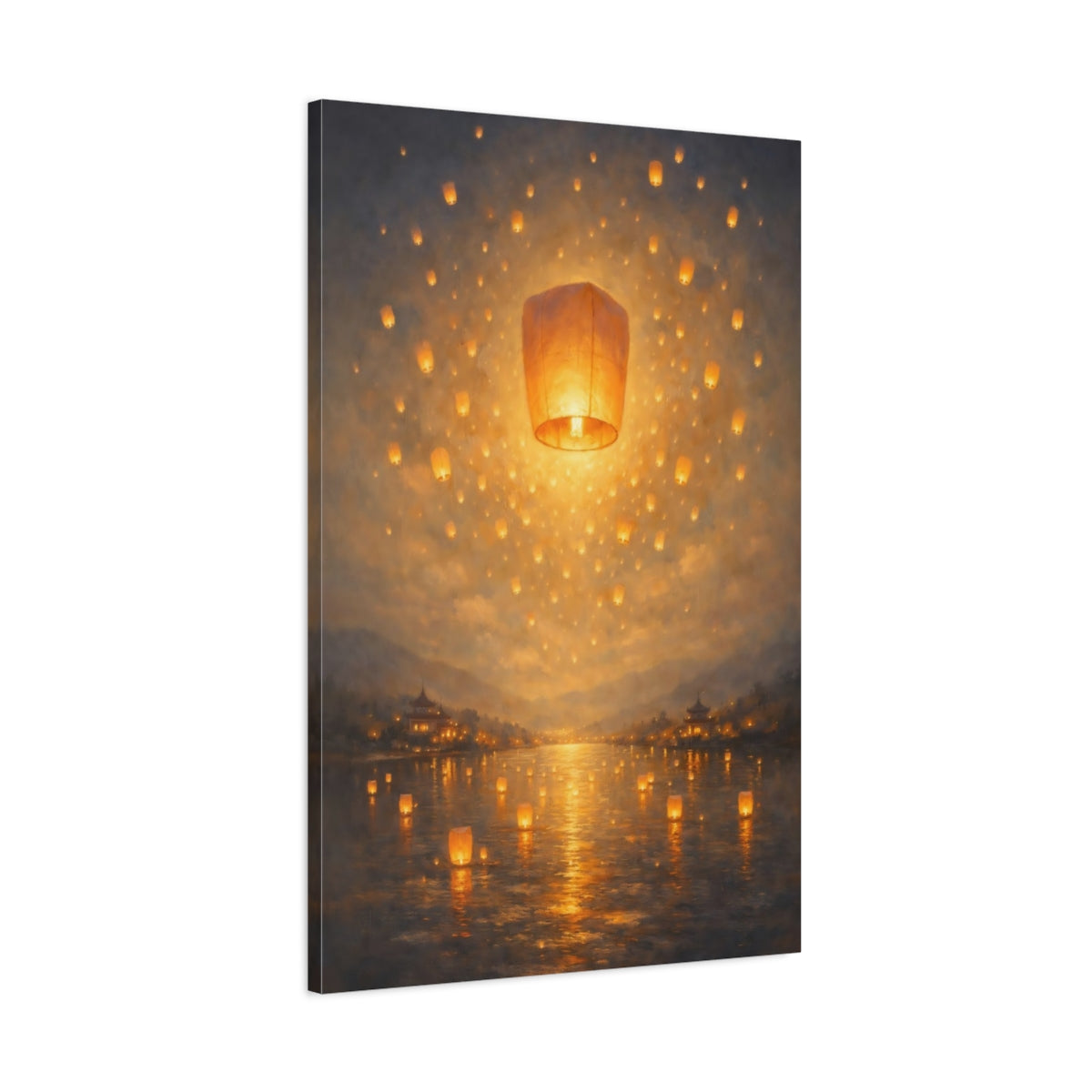 Side Mockup 1. Fairytale Floating Lanterns Golden Lanterns shown as stretched canvas wall art