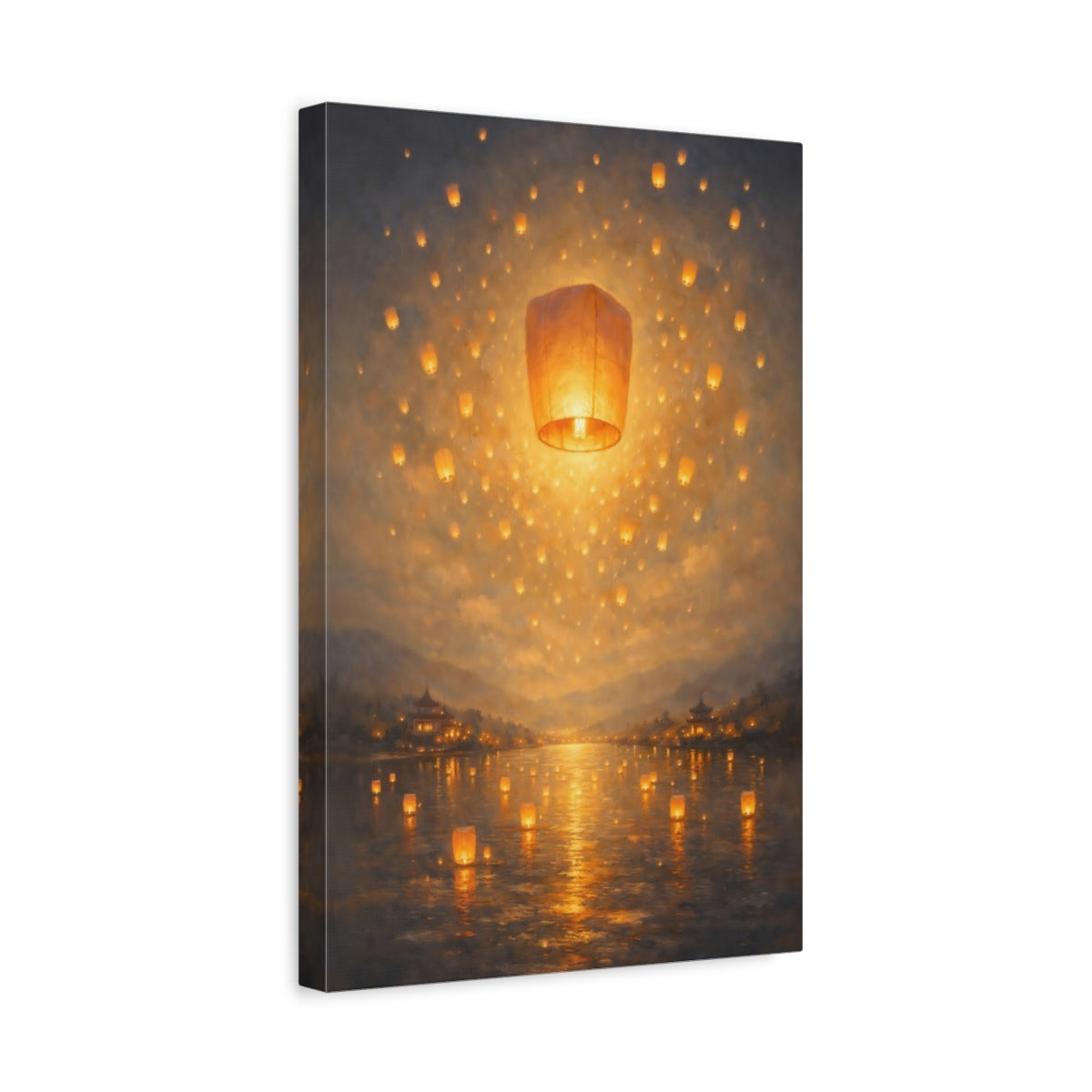 Side Mockup 4. Fairytale Floating Lanterns Golden Lanterns shown as stretched canvas wall art