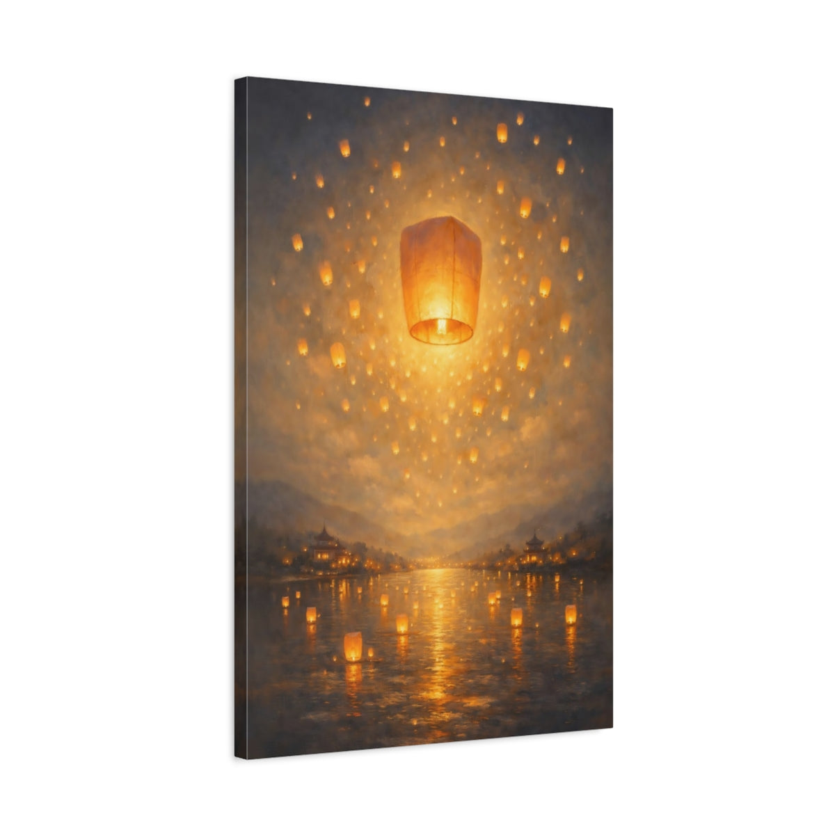 Side Mockup 2. Fairytale Floating Lanterns Golden Lanterns shown as stretched canvas wall art