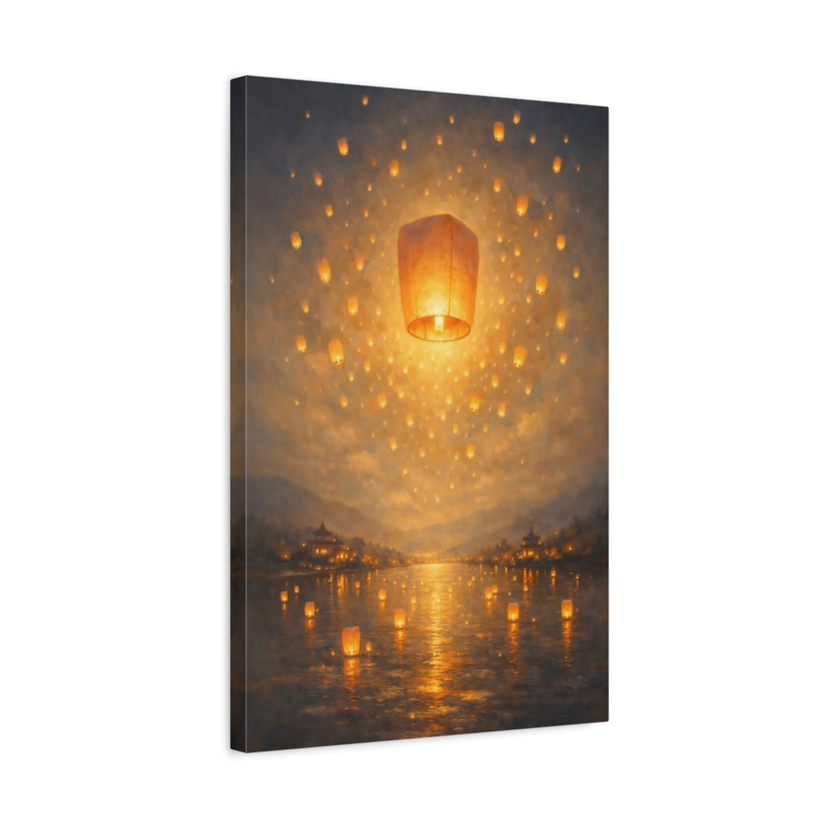 Side Mockup 3. Fairytale Floating Lanterns Golden Lanterns shown as stretched canvas wall art