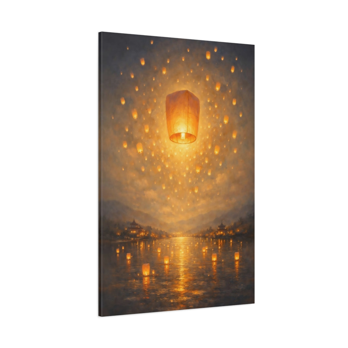 Main Mockup. Fairytale Floating Lanterns Golden Lanterns shown as stretched canvas wall art