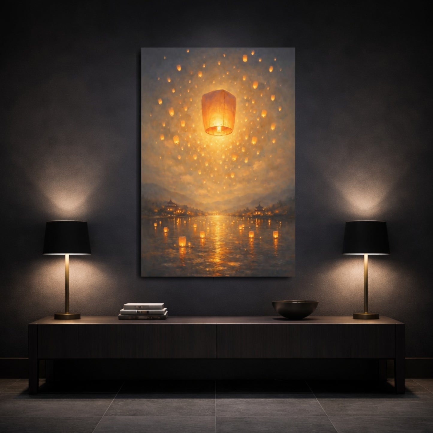 Mockup 2. Fairytale Floating Lanterns Golden Lanterns shown as stretched canvas wall art