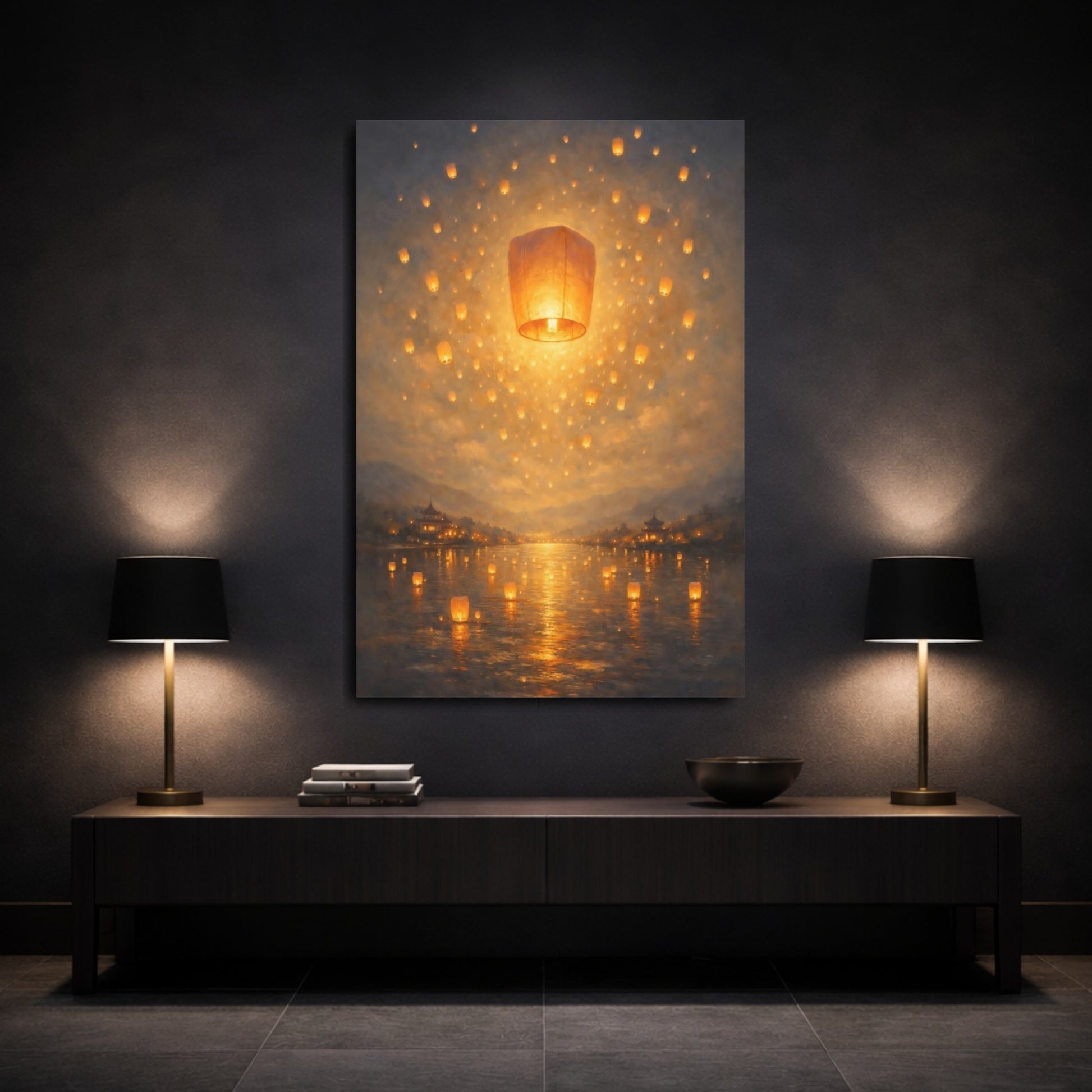 Mockup 2. Fairytale Floating Lanterns Golden Lanterns shown as stretched canvas wall art
