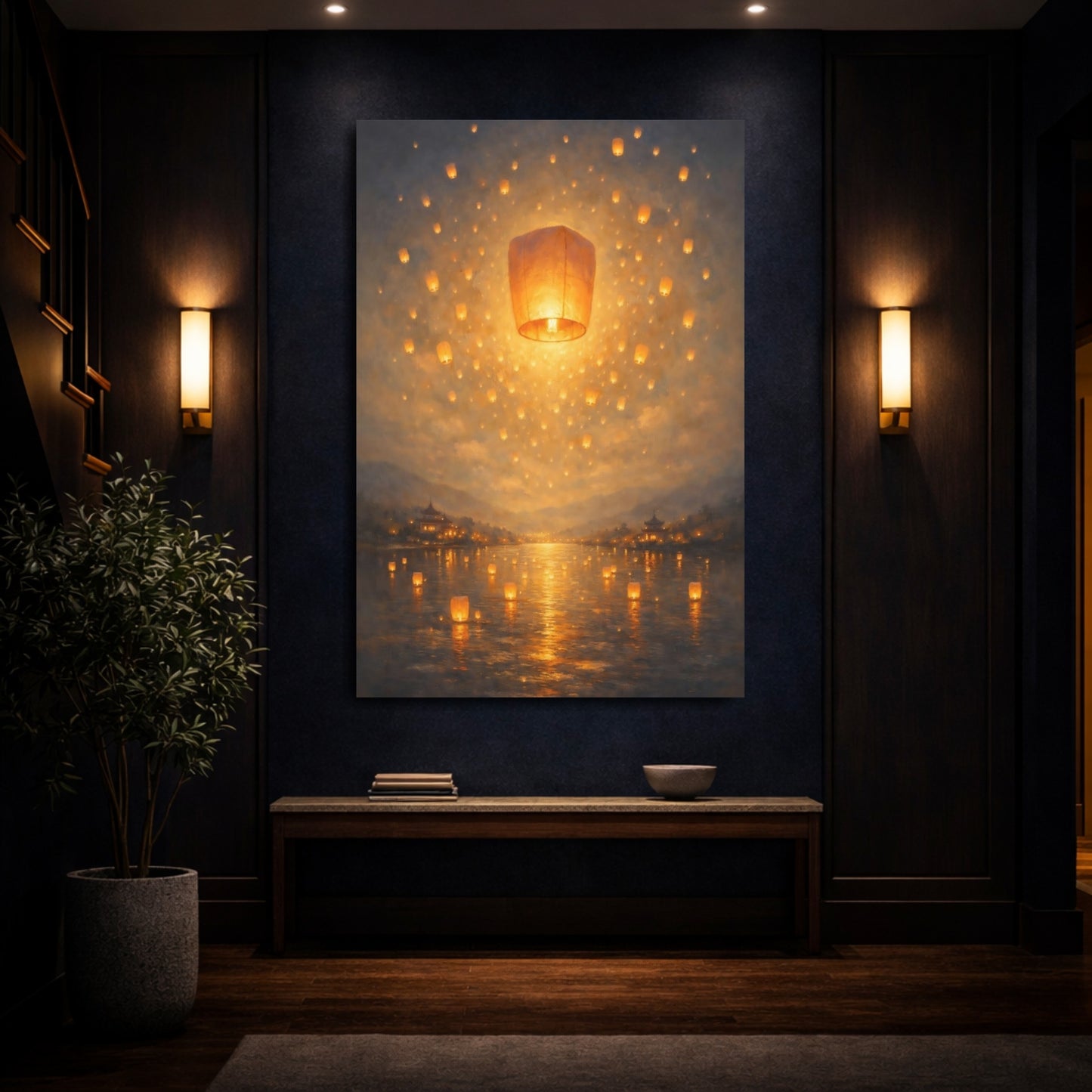 Mockup 3. Fairytale Floating Lanterns Golden Lanterns shown as stretched canvas wall art
