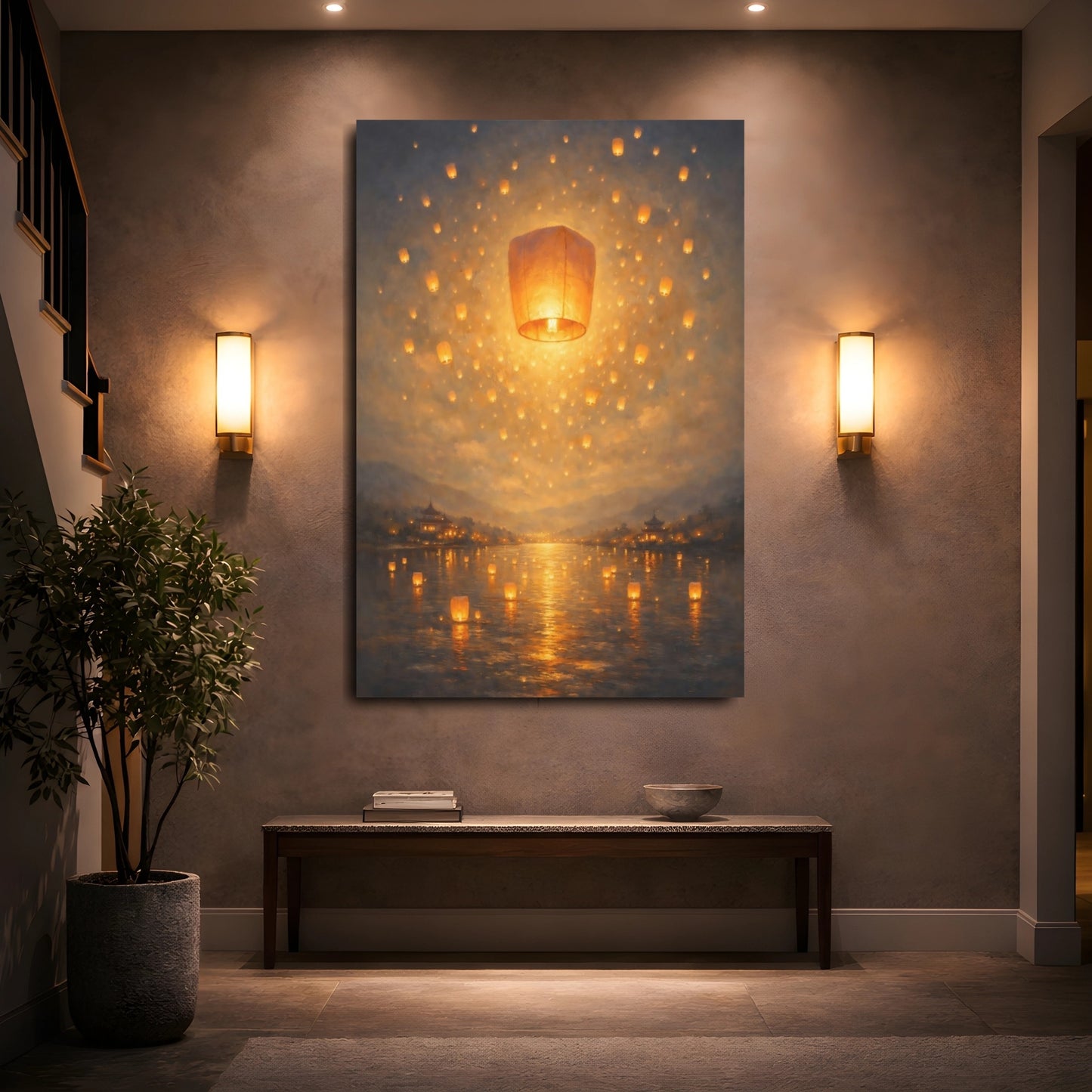 Mockup 4. Fairytale Floating Lanterns Golden Lanterns shown as stretched canvas wall art