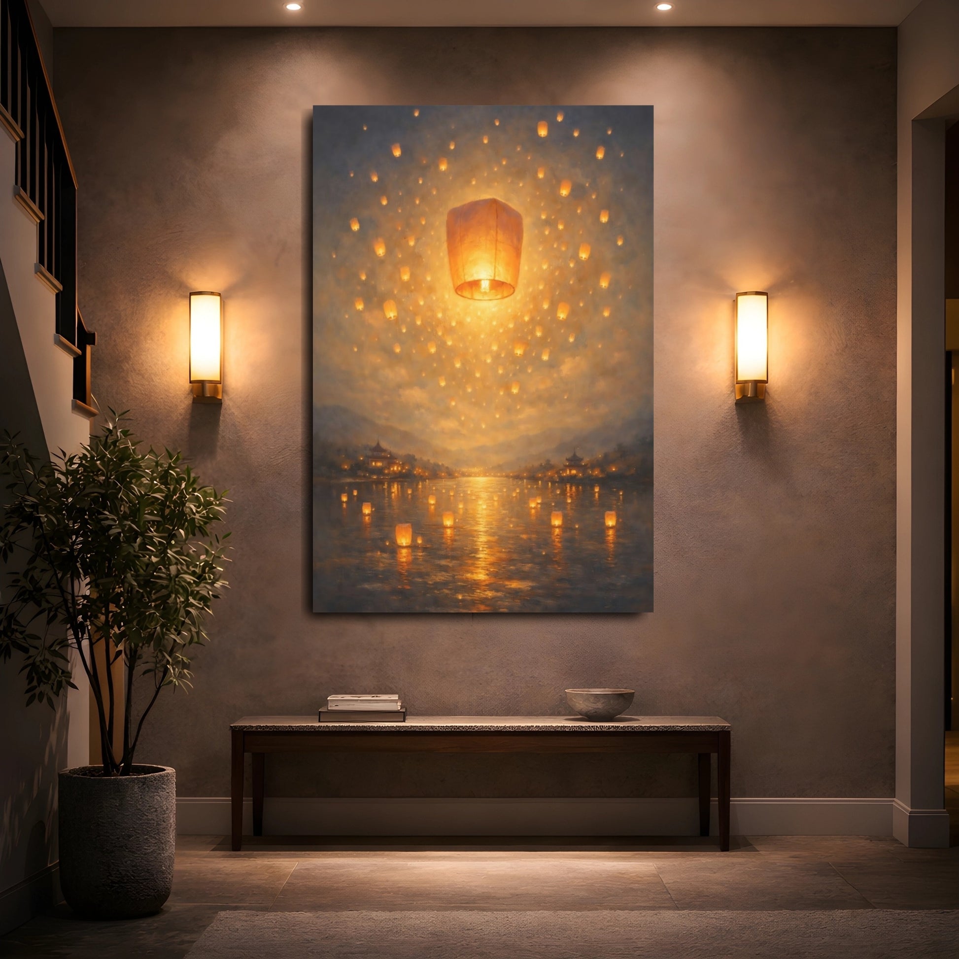 Mockup 4. Fairytale Floating Lanterns Golden Lanterns shown as stretched canvas wall art