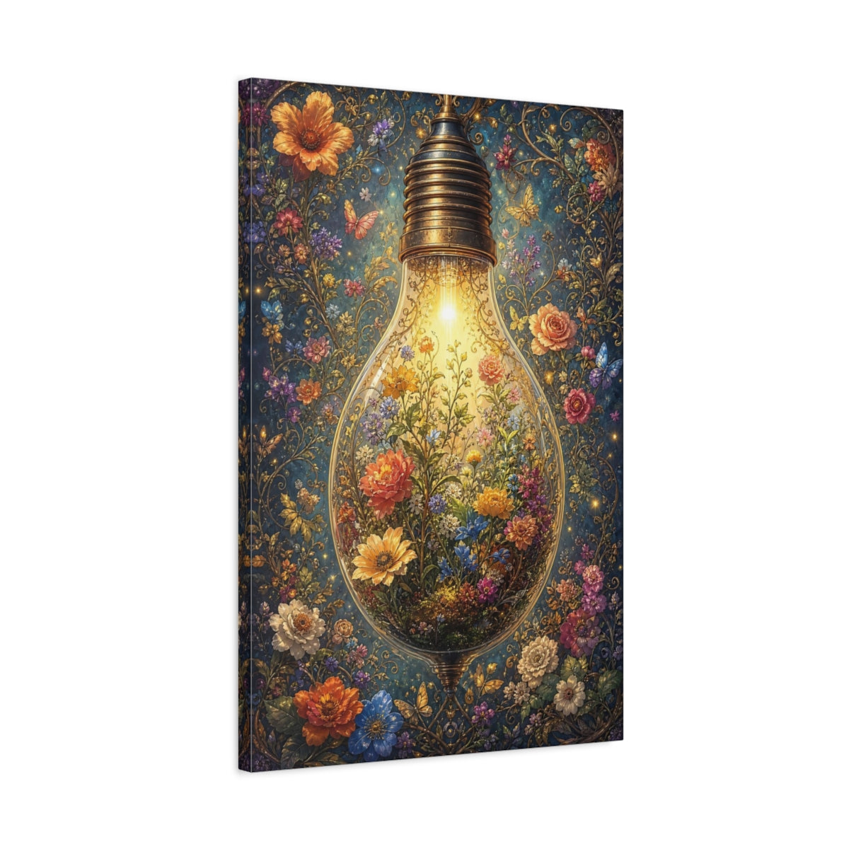 Side Mockup 2. Fairytale Floral Lightbulb Enchanted Floral shown as stretched canvas wall art