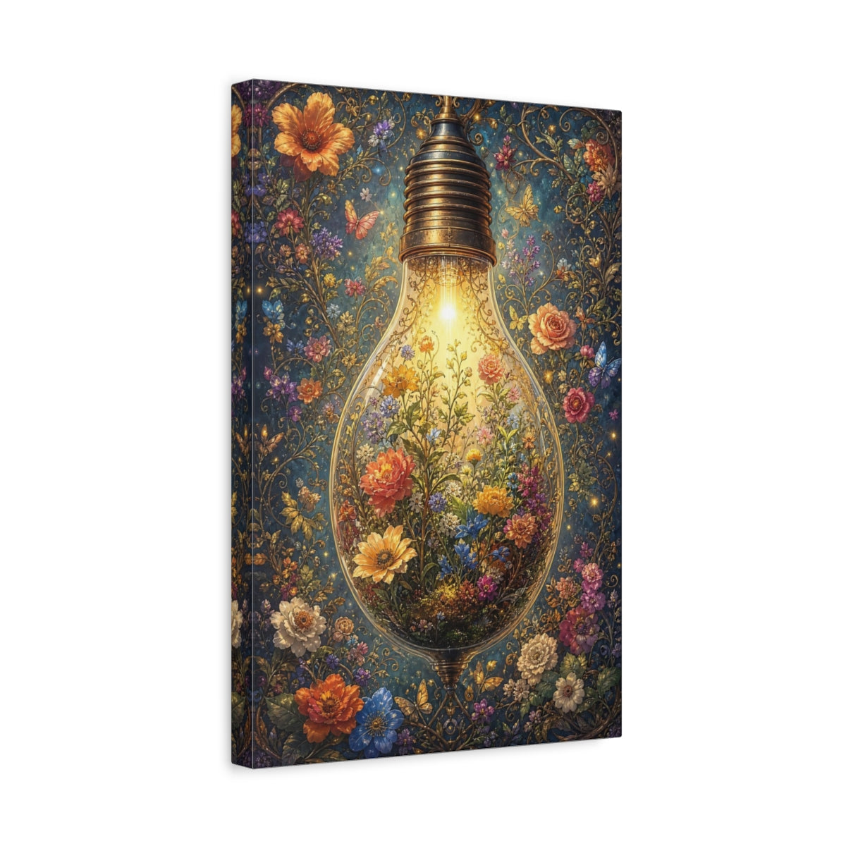 Side Mockup 4. Fairytale Floral Lightbulb Enchanted Floral shown as stretched canvas wall art