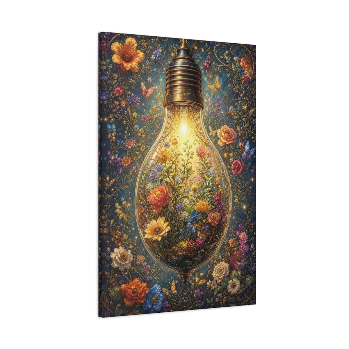 Main Mockup. Fairytale Floral Lightbulb Enchanted Floral shown as stretched canvas wall art