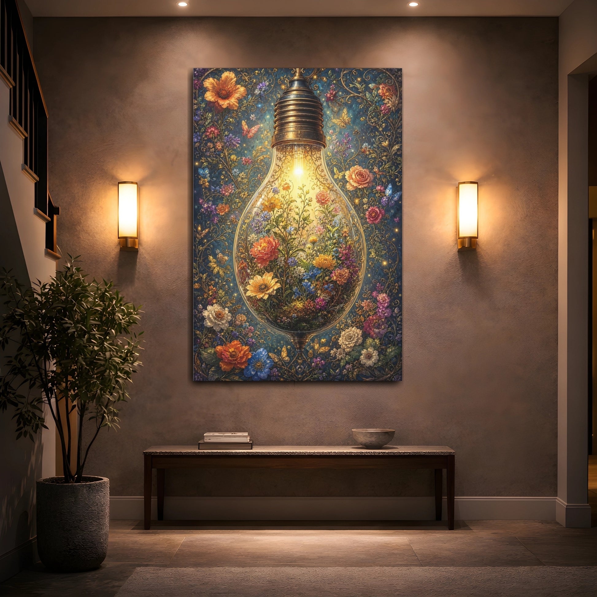 Mockup 2. Fairytale Floral Lightbulb Enchanted Floral shown as stretched canvas wall art