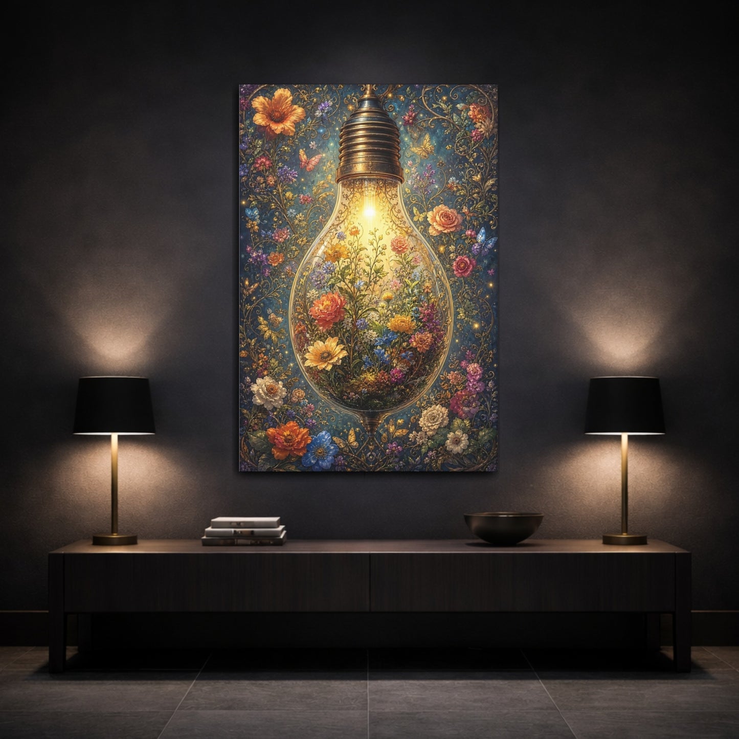 Mockup 3. Fairytale Floral Lightbulb Enchanted Floral shown as stretched canvas wall art