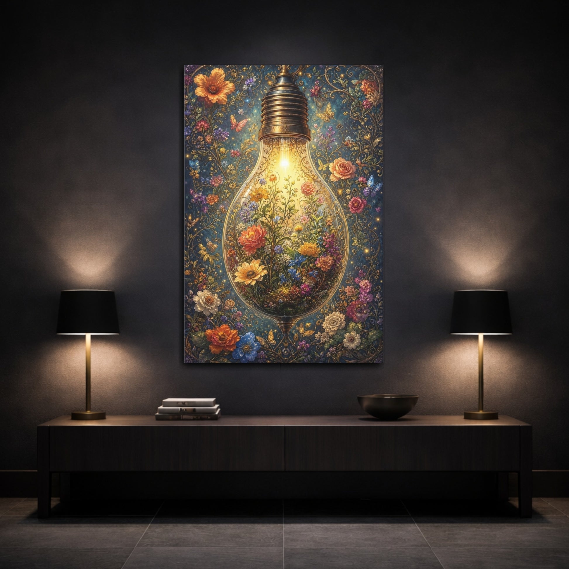 Mockup 3. Fairytale Floral Lightbulb Enchanted Floral shown as stretched canvas wall art