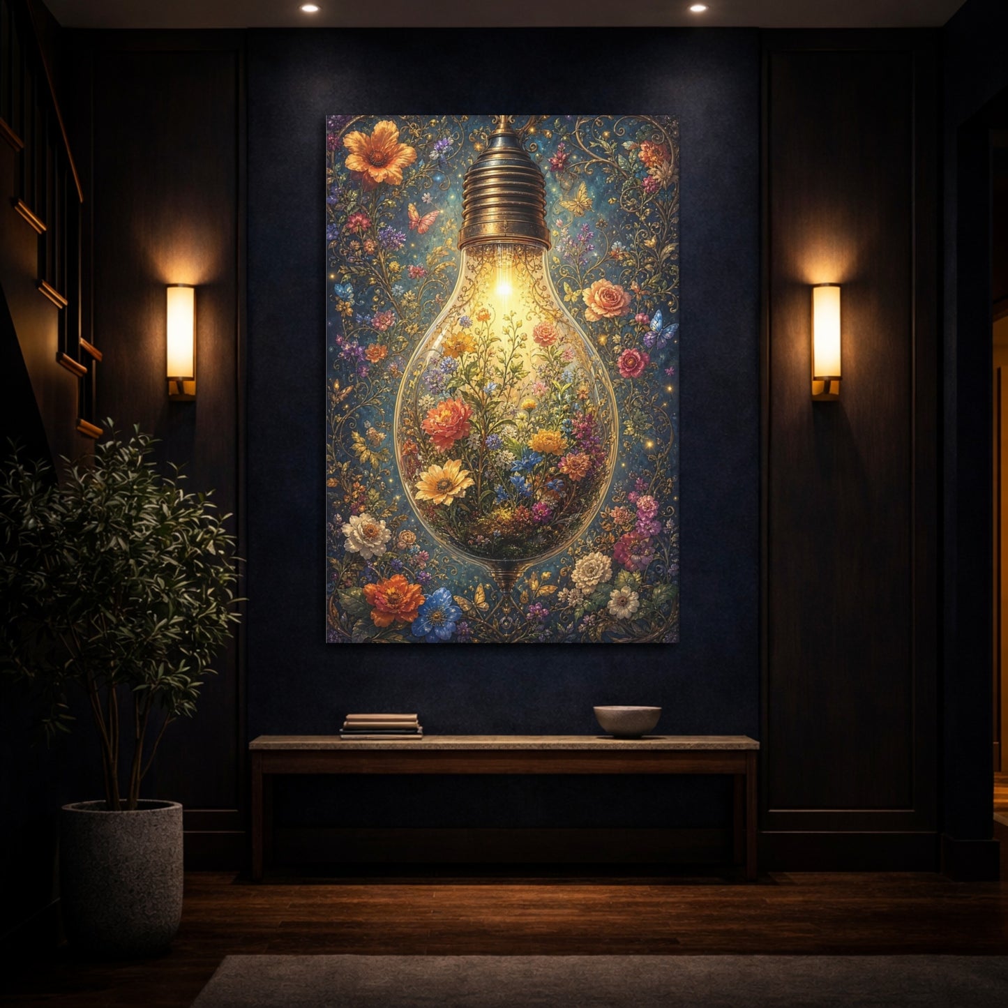 Mockup 4. Fairytale Floral Lightbulb Enchanted Floral shown as stretched canvas wall art