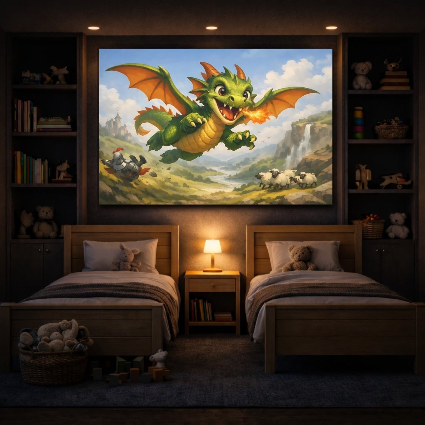 Fairytale Flying Dragon Green - Canvas Wall Art Print - YesArtYes
