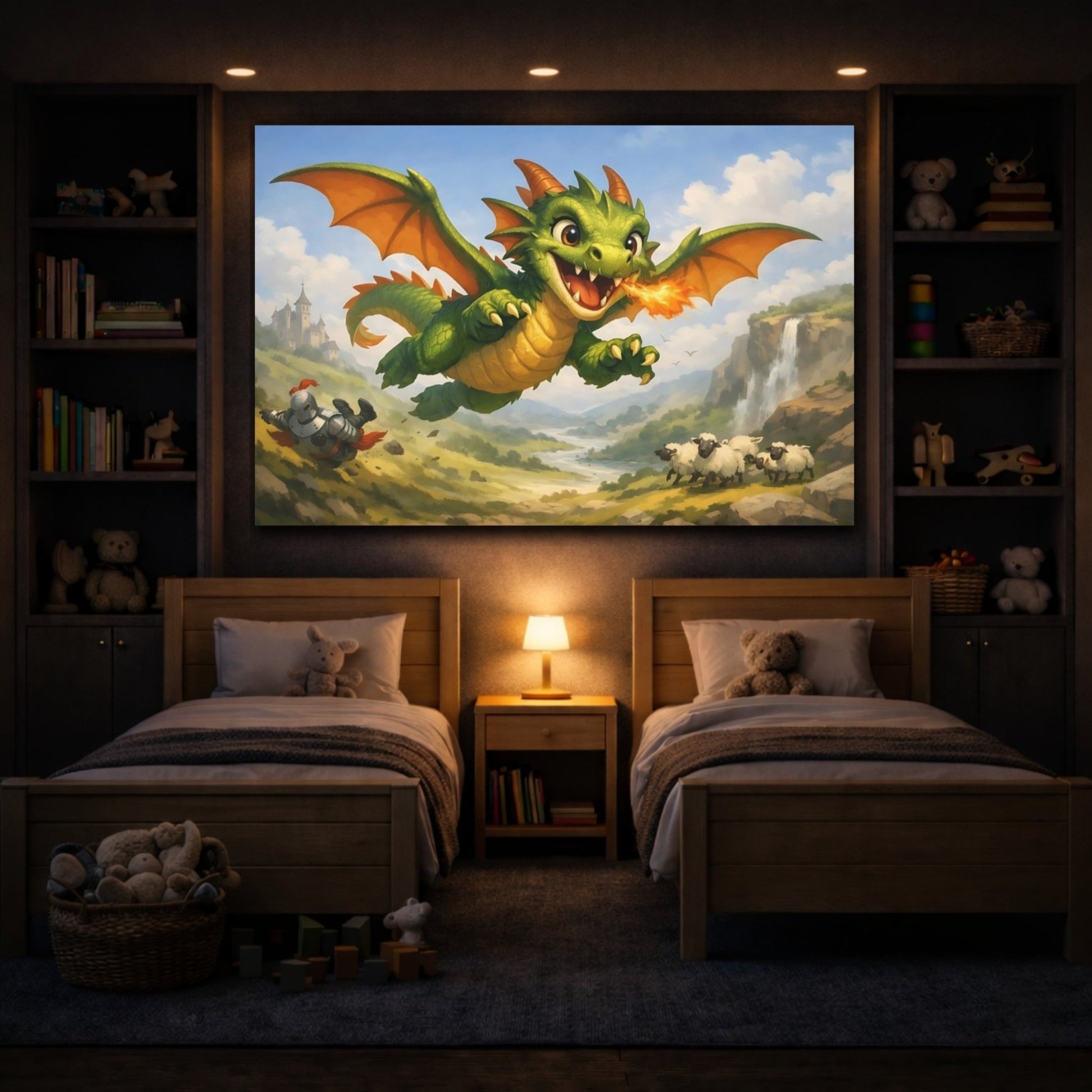 Fairytale Flying Dragon Green - Canvas Wall Art Print - YesArtYes