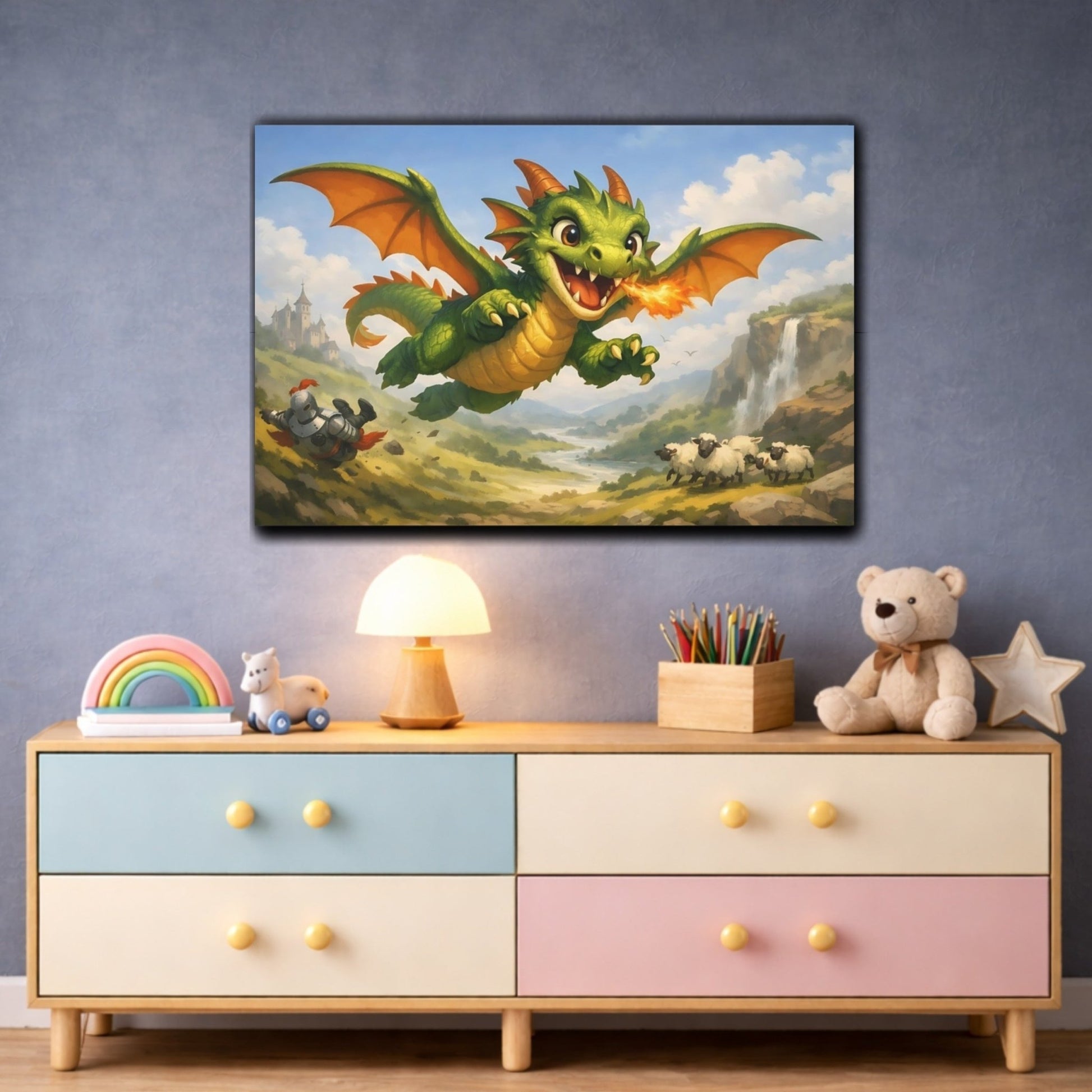 Fairytale Flying Dragon Green - Canvas Wall Art Print - YesArtYes