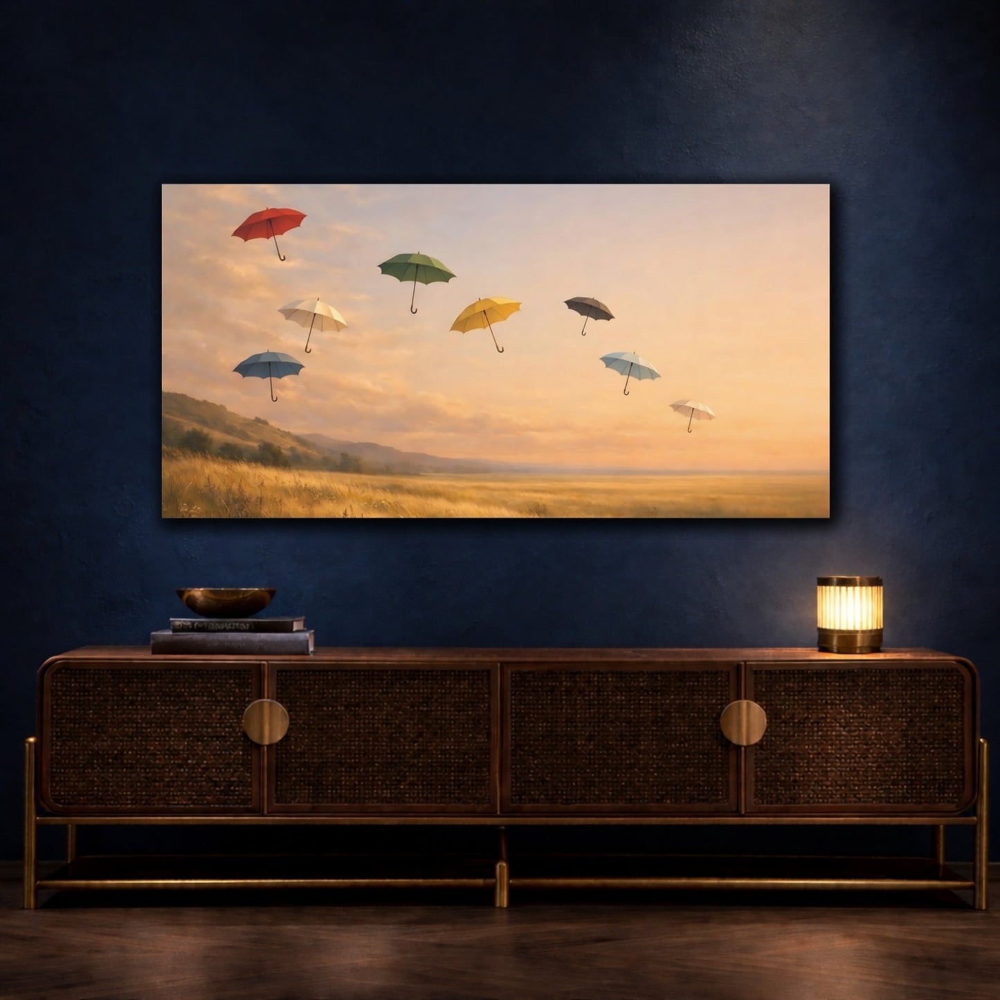Fairytale Flying Umbrellas Golden Landscape - Canvas Wall Art Print - YesArtYes
