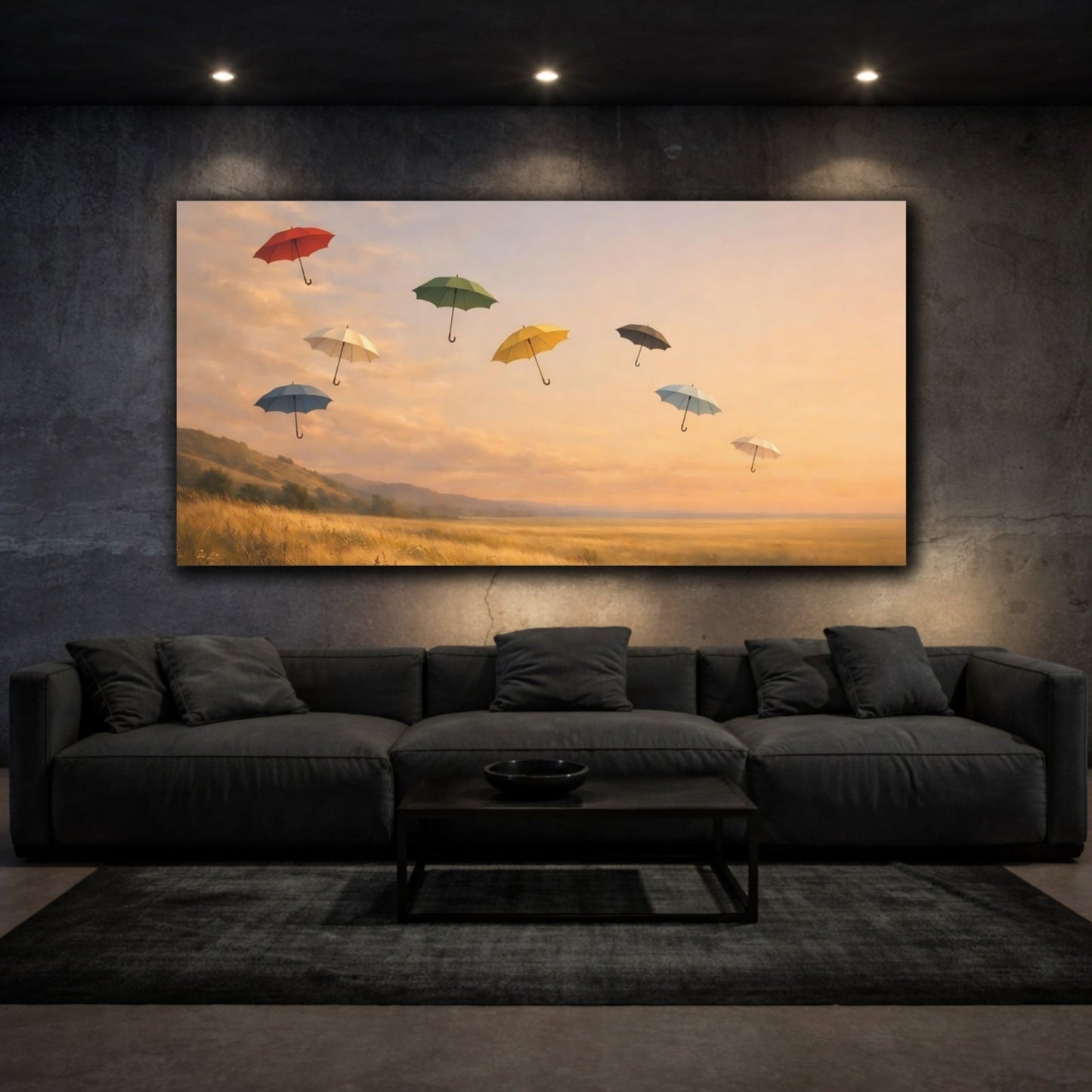 Fairytale Flying Umbrellas Golden Landscape - Canvas Wall Art Print - YesArtYes