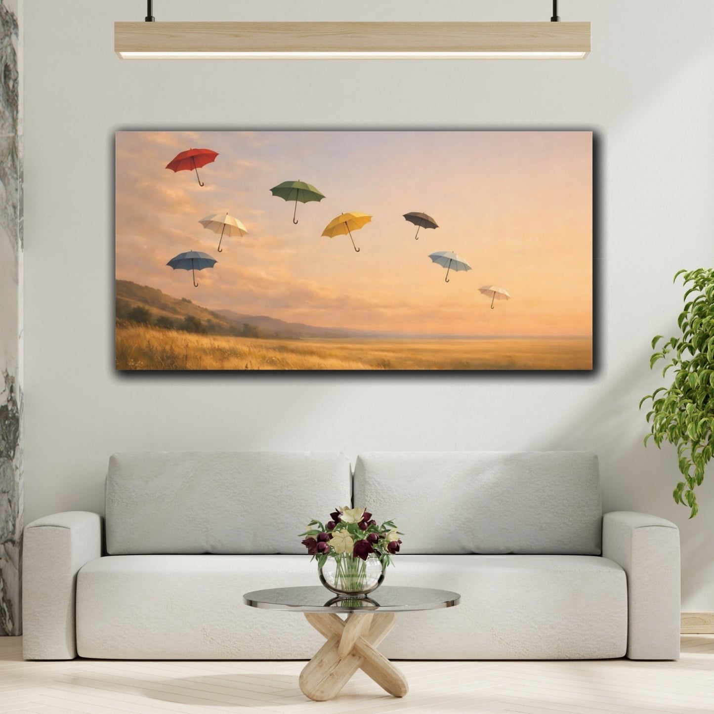 Fairytale Flying Umbrellas Golden Landscape - Canvas Wall Art Print - YesArtYes