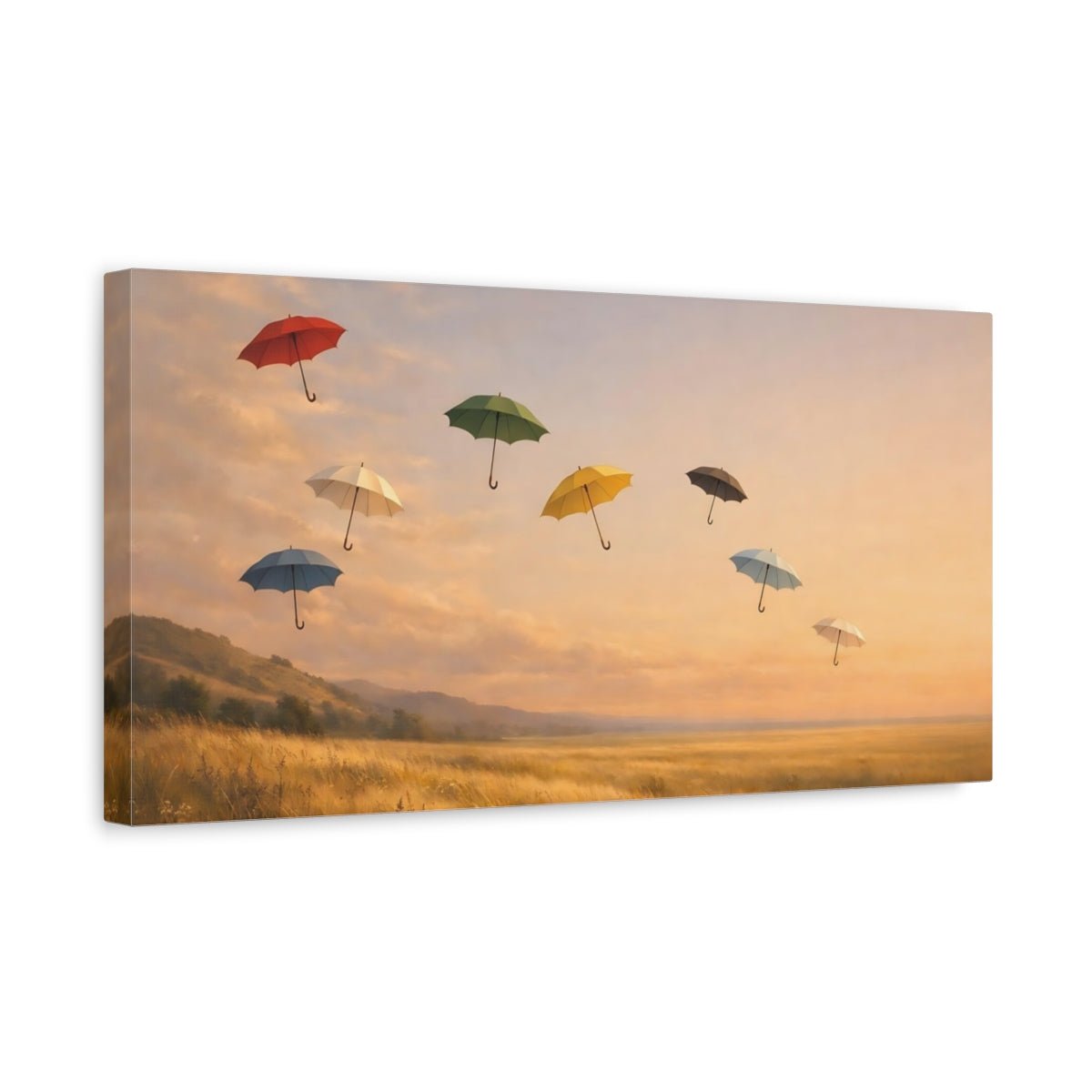 Fairytale Flying Umbrellas Golden Landscape - Canvas Wall Art Print - YesArtYes