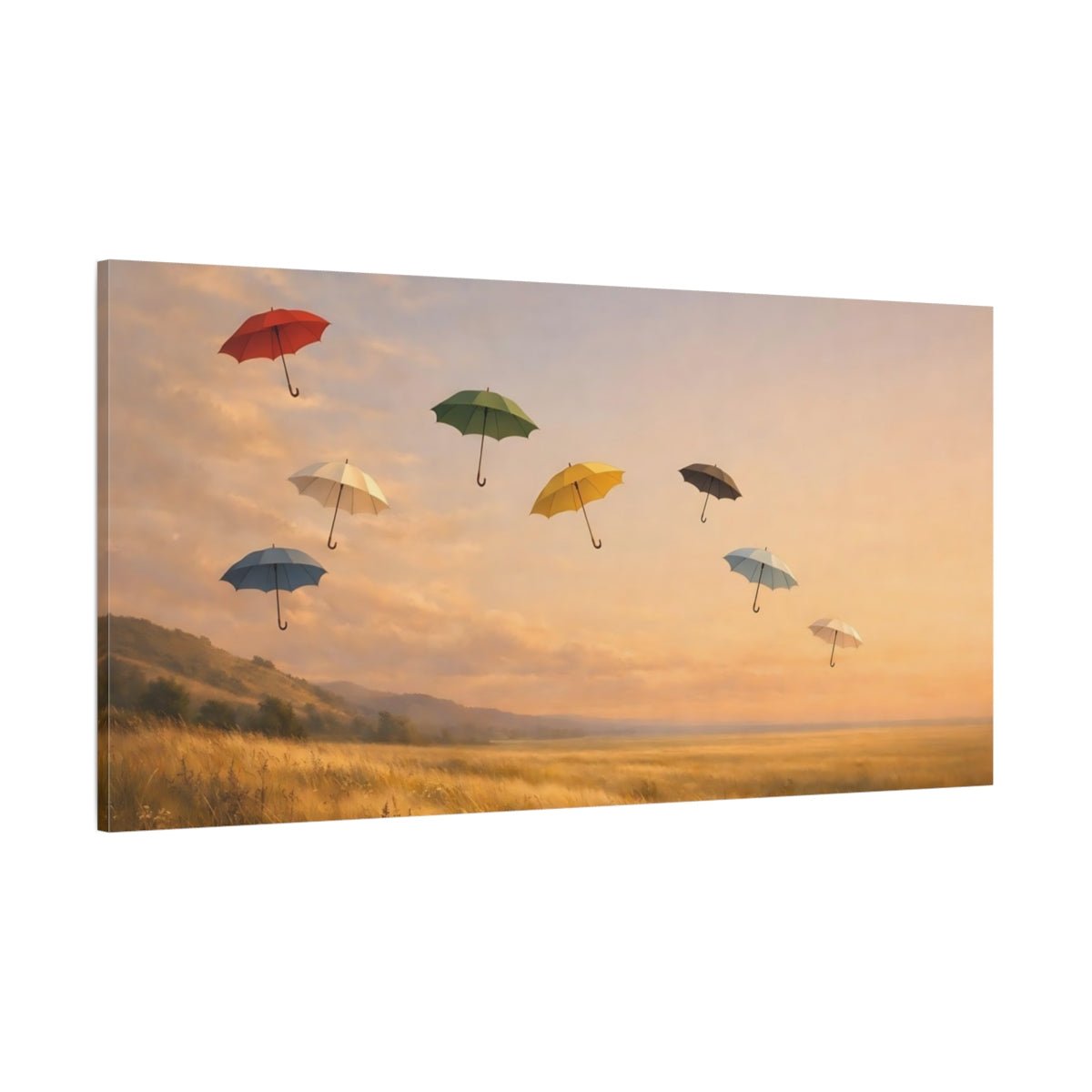 Fairytale Flying Umbrellas Golden Landscape - Canvas Wall Art Print - YesArtYes