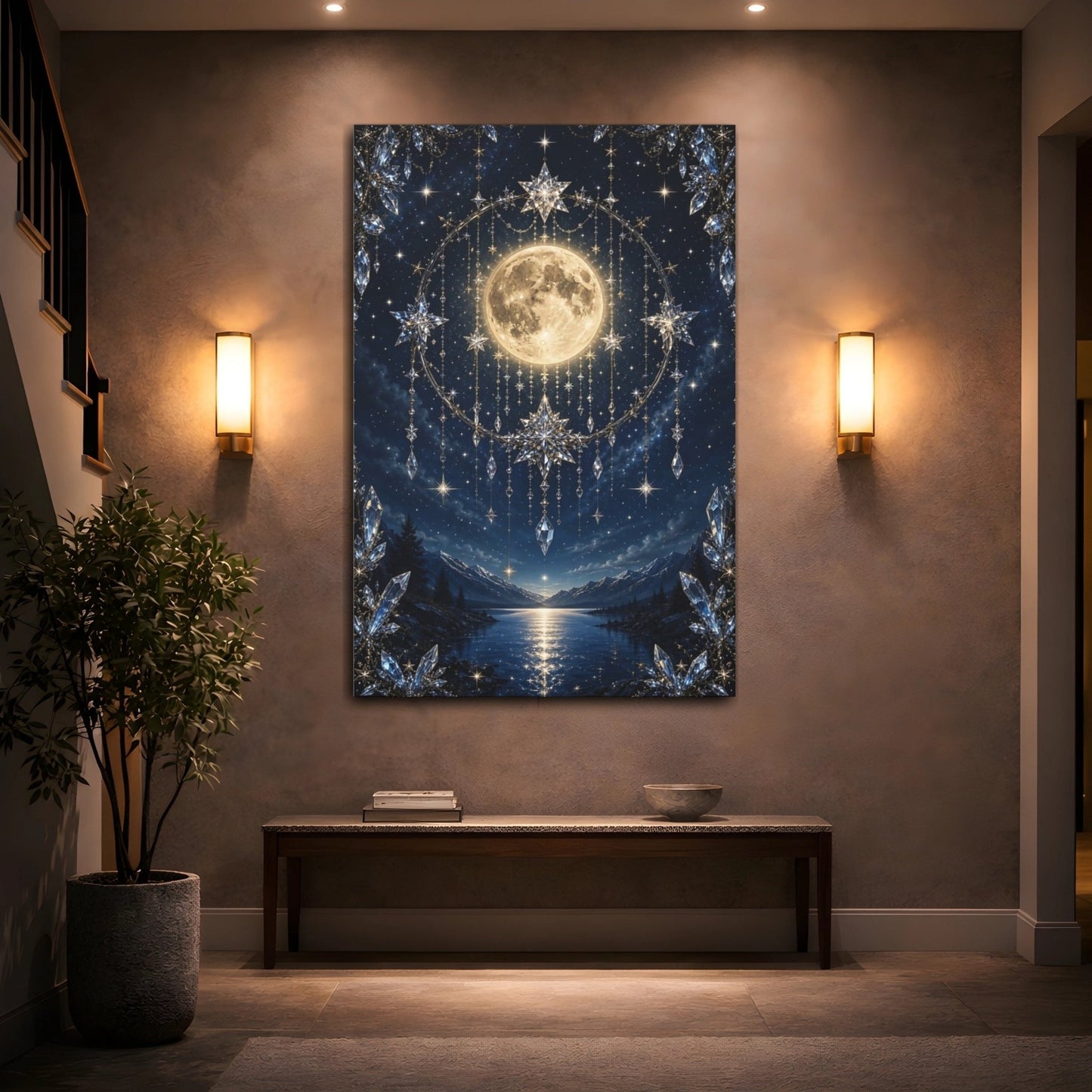 Fairytale Full Moon Blue Gold Celestial Canvas Print – Luxury Decor for Bedroom, Above Bed - YesArtYes