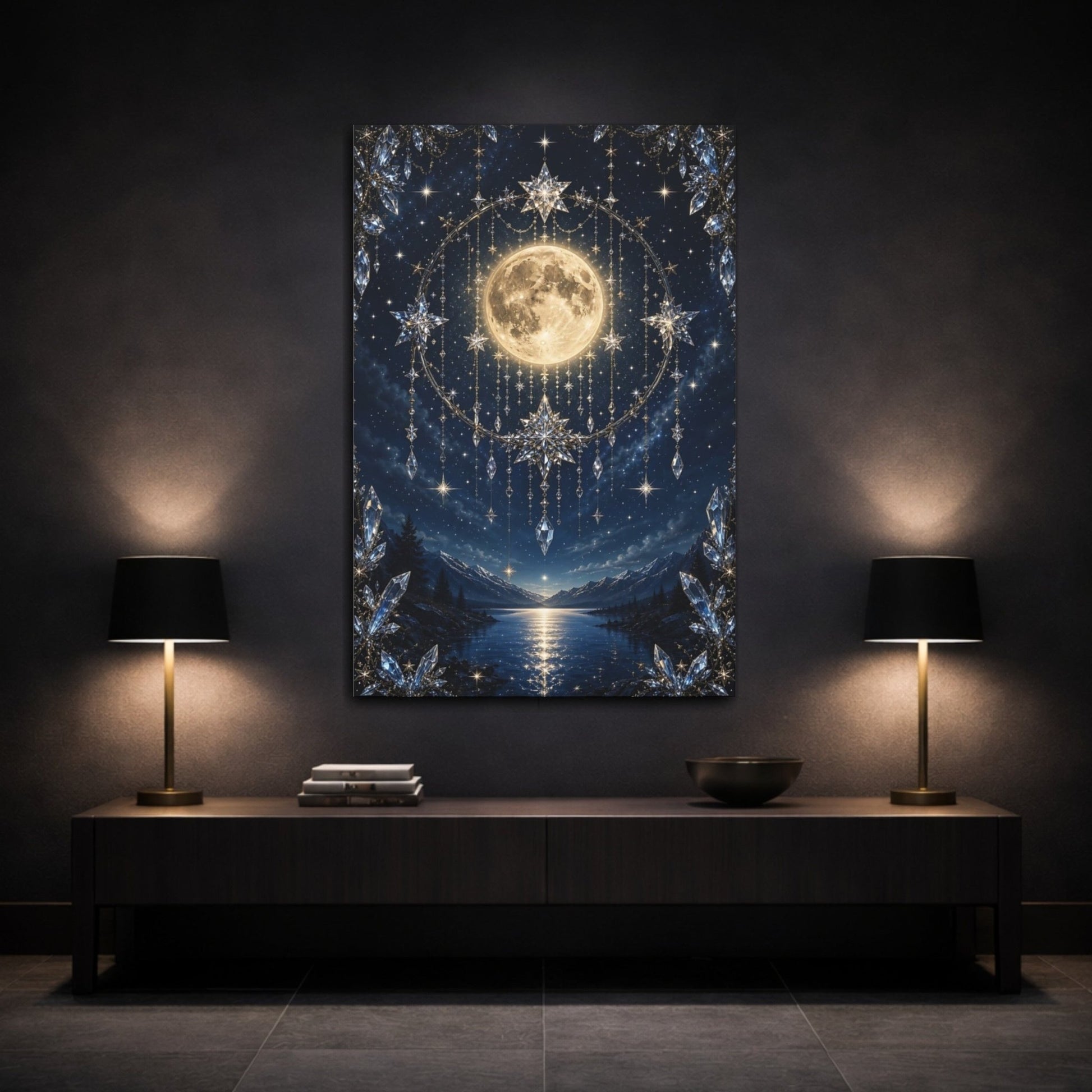 Fairytale Full Moon Blue Gold Celestial Canvas Print – Luxury Decor for Bedroom, Above Bed - YesArtYes