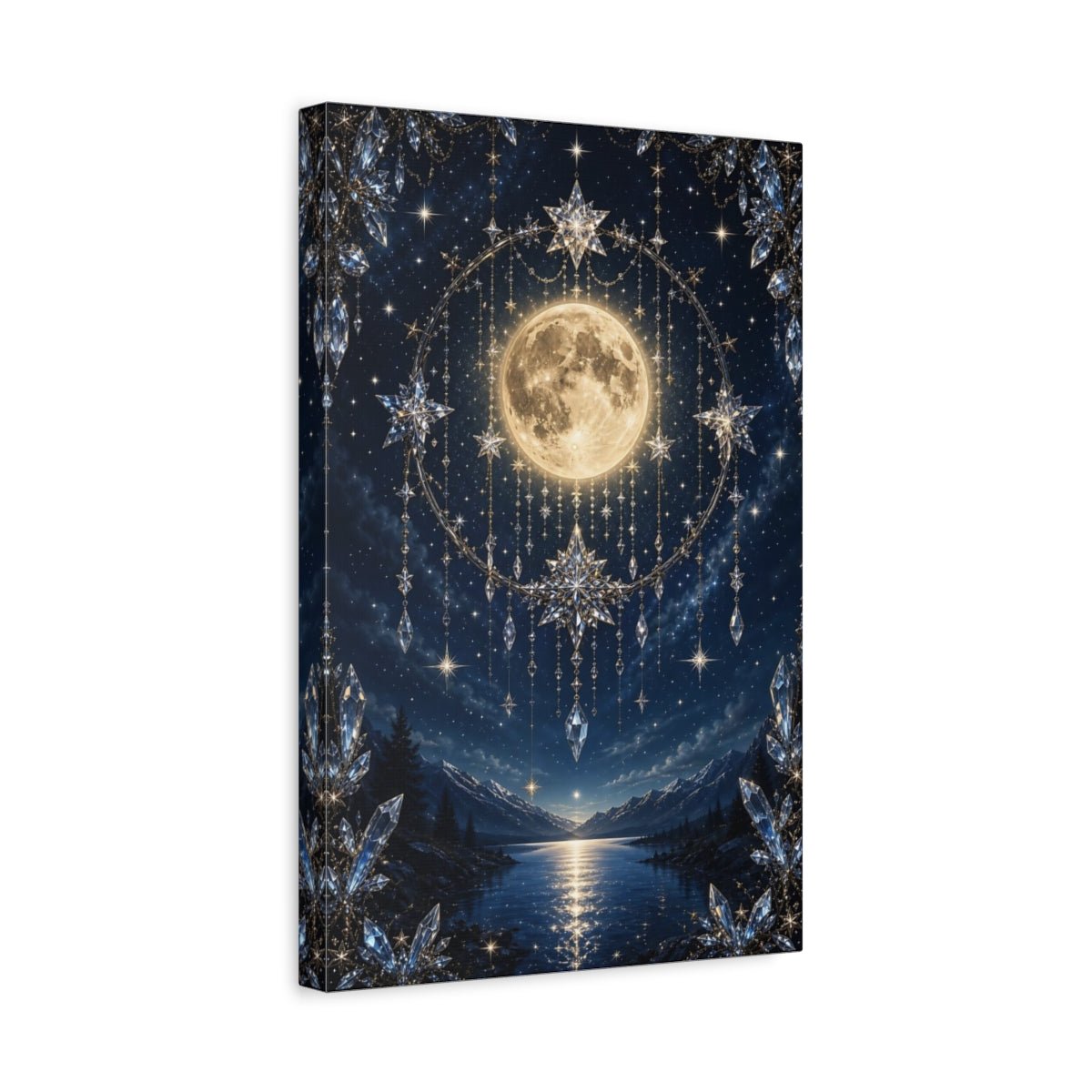 Fairytale Full Moon Blue Gold Celestial Canvas Print – Luxury Decor for Bedroom, Above Bed - YesArtYes