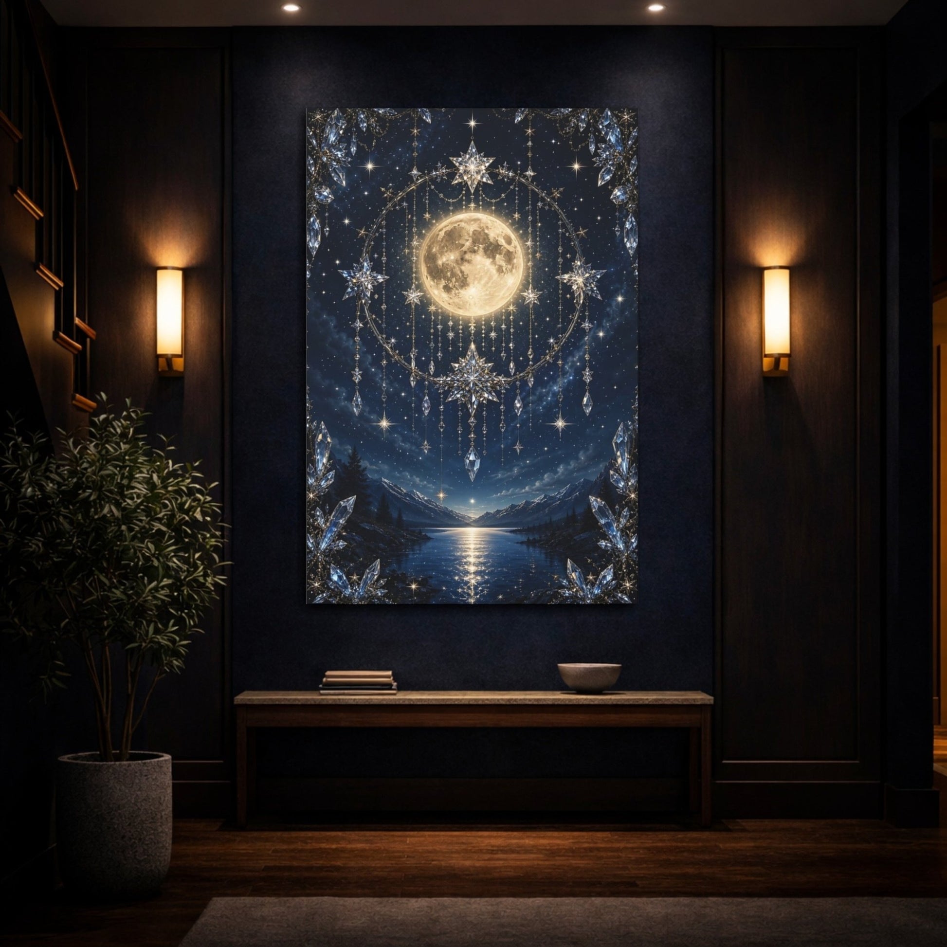 Fairytale Full Moon Blue Gold Celestial Canvas Print – Luxury Decor for Bedroom, Above Bed - YesArtYes