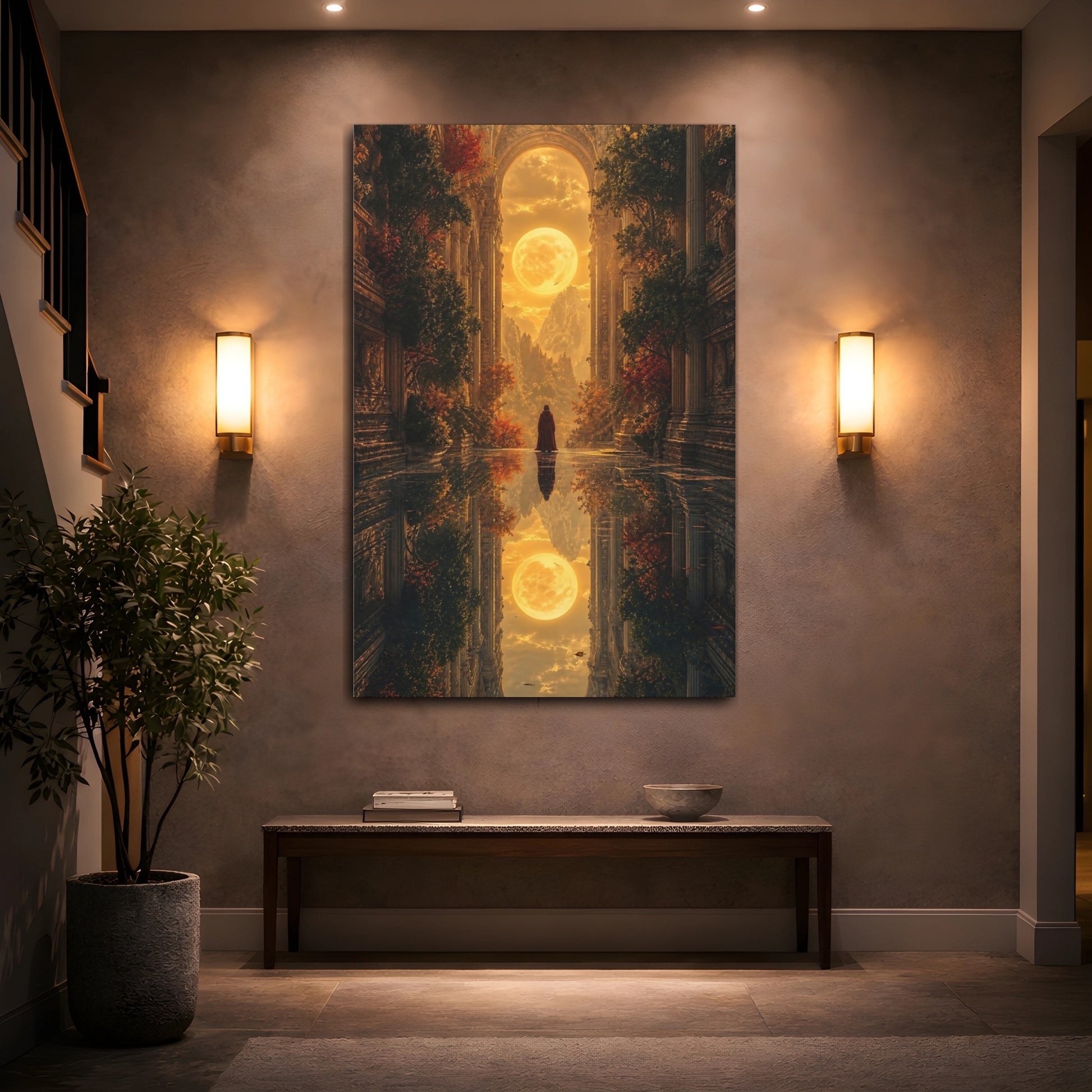 Mockup 2. Fairytale Full Moon Golden Fantasy shown as stretched canvas wall art
