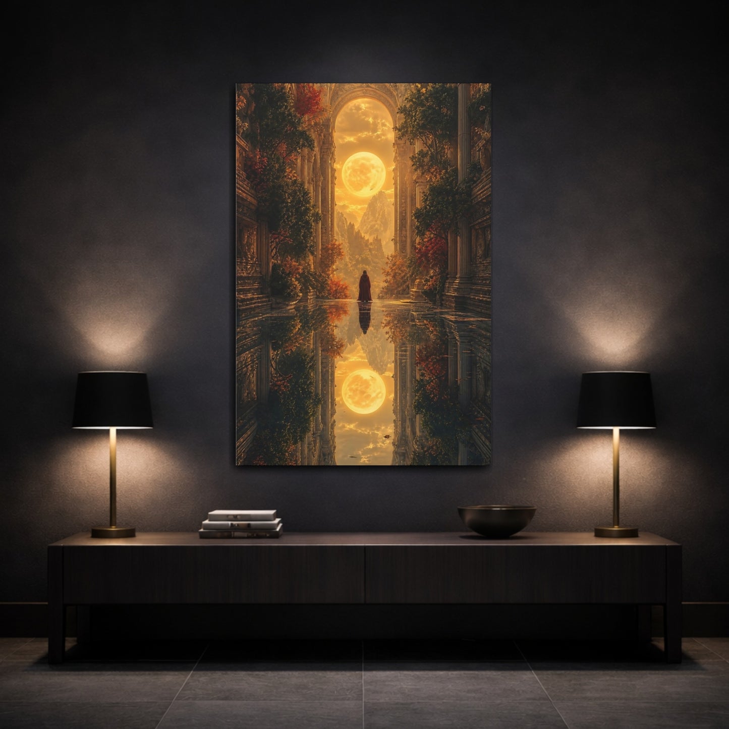 Mockup 3. Fairytale Full Moon Golden Fantasy shown as stretched canvas wall art