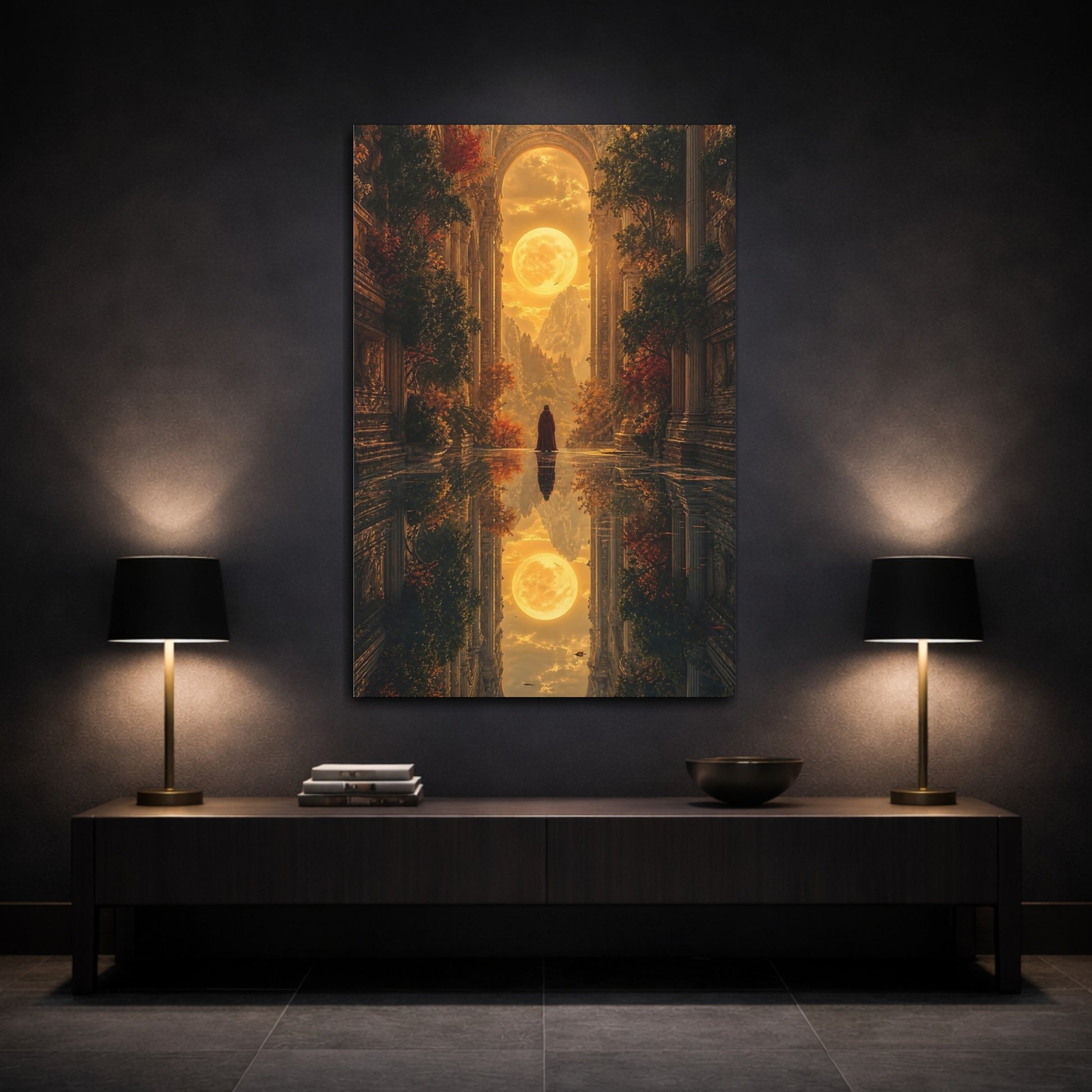 Mockup 3. Fairytale Full Moon Golden Fantasy shown as stretched canvas wall art