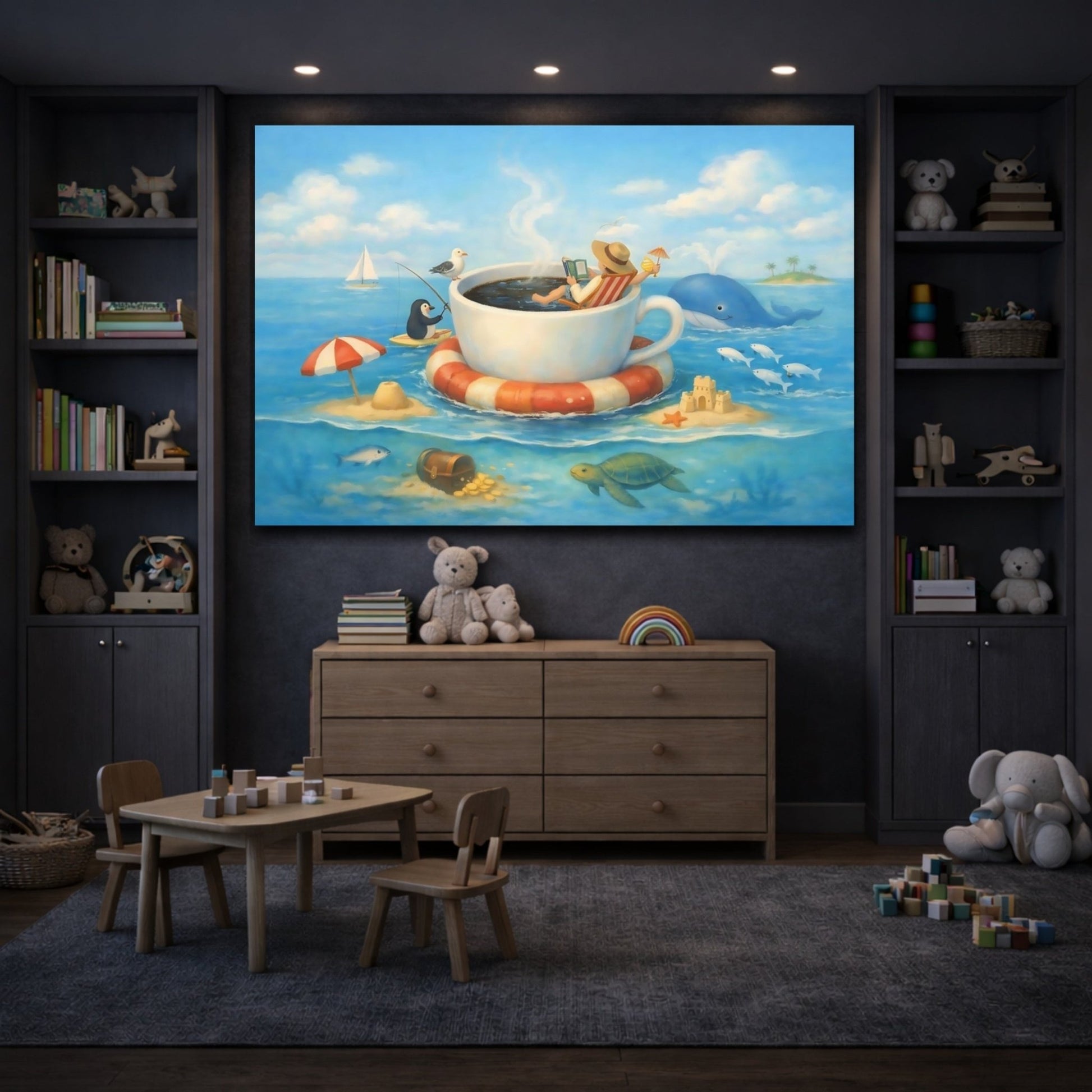Fairytale Giant Coffee Cup Blue Ocean Whimsy - Canvas Wall Art Print - YesArtYes