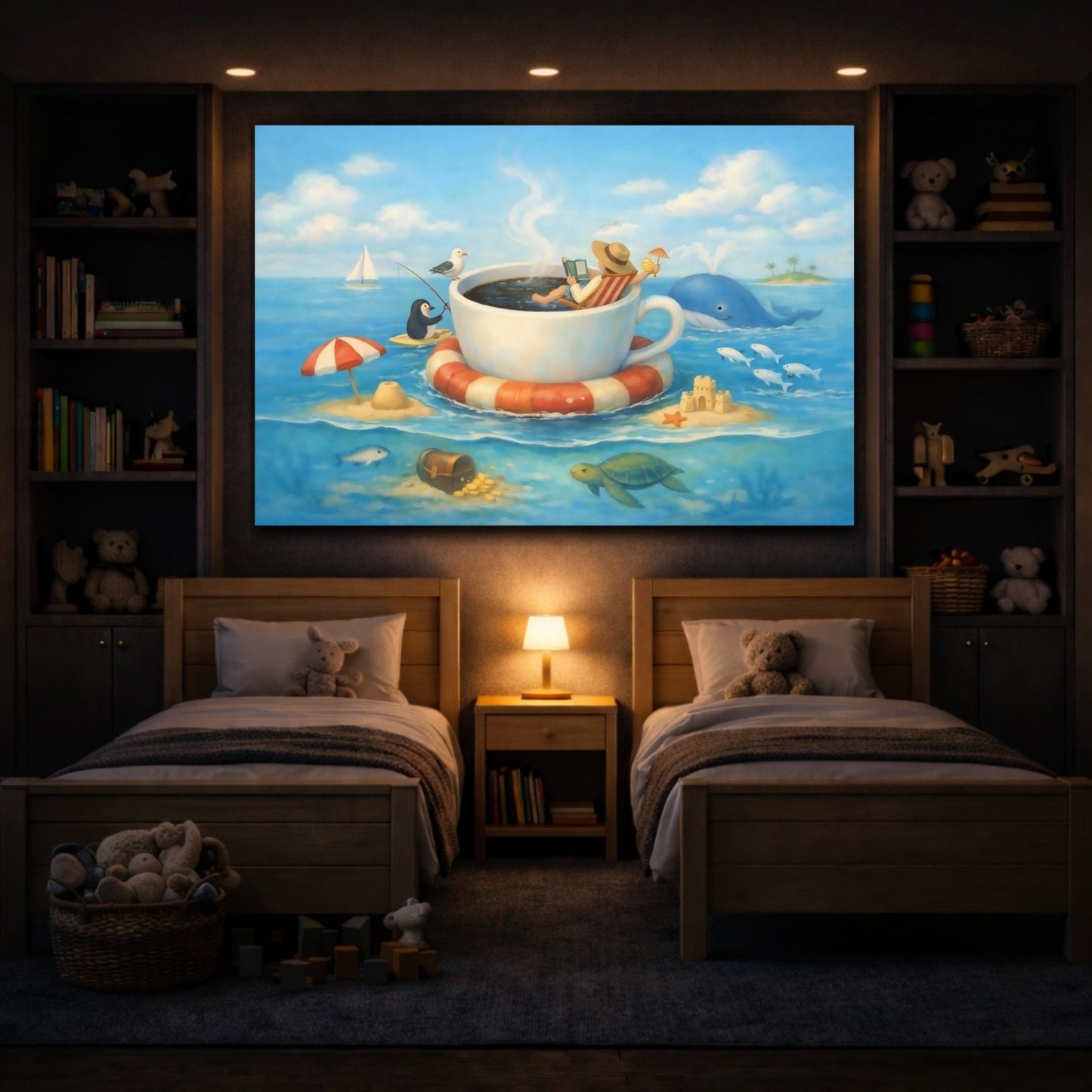 Fairytale Giant Coffee Cup Blue Ocean Whimsy - Canvas Wall Art Print - YesArtYes