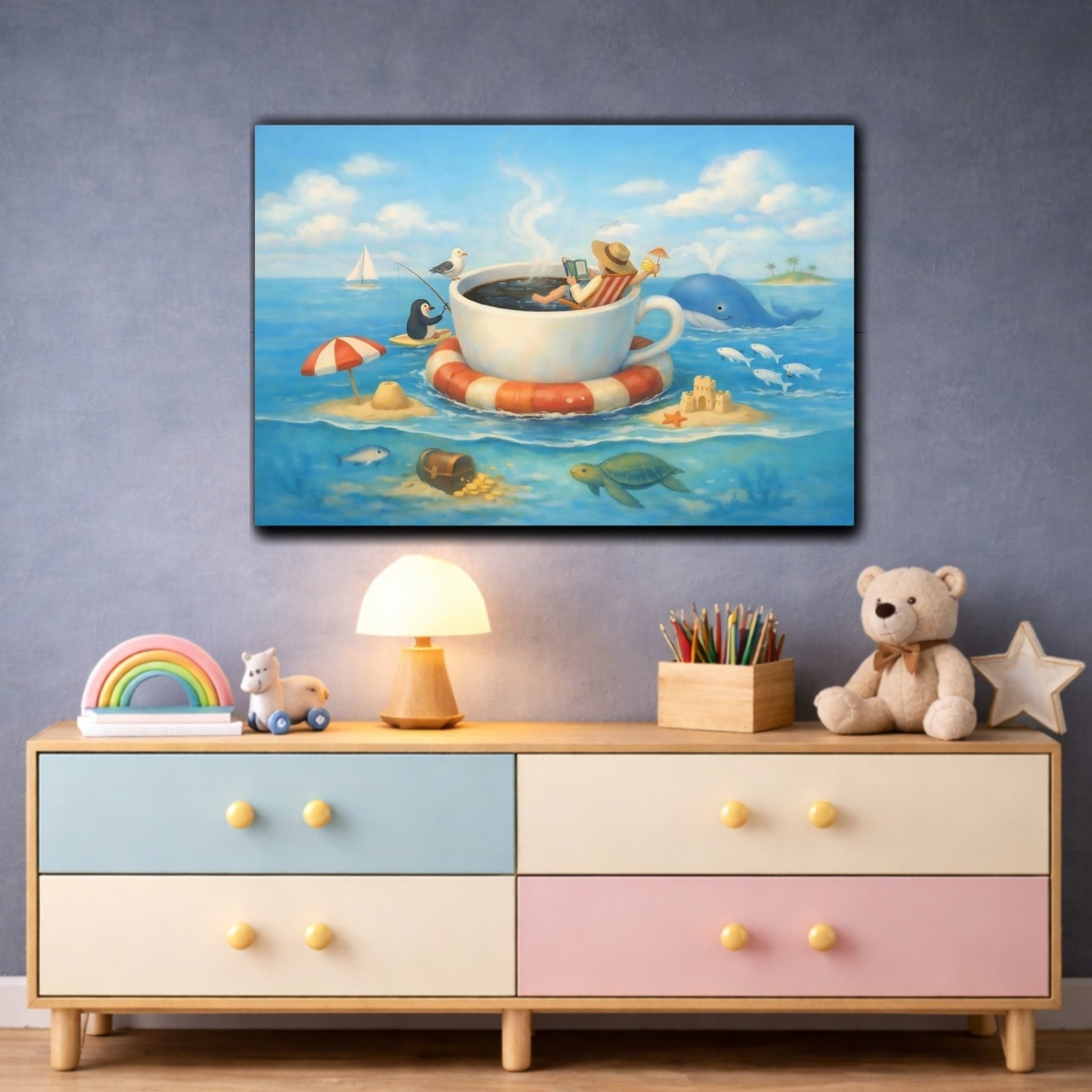 Fairytale Giant Coffee Cup Blue Ocean Whimsy - Canvas Wall Art Print - YesArtYes