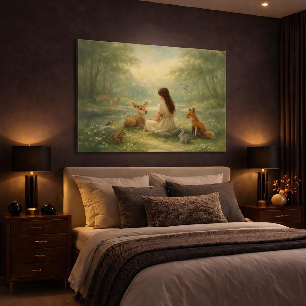 Fairytale Girl And Animals Enchanted Forest shown as canvas wall art in a luxury bedroom
