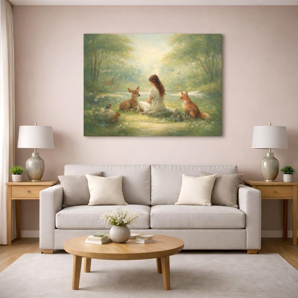 Fairytale Girl And Animals Enchanted Forest shown as canvas wall art in a modern living room