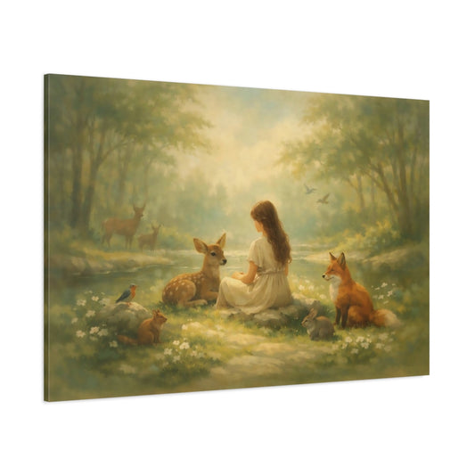 Fairytale Girl And Animals Enchanted Forest shown as stretched canvas wall art