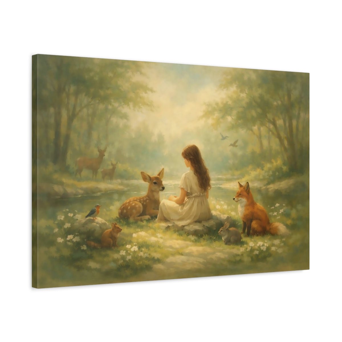 Fairytale Girl And Animals Green Forest - Canvas Wall Art Print - YesArtYes