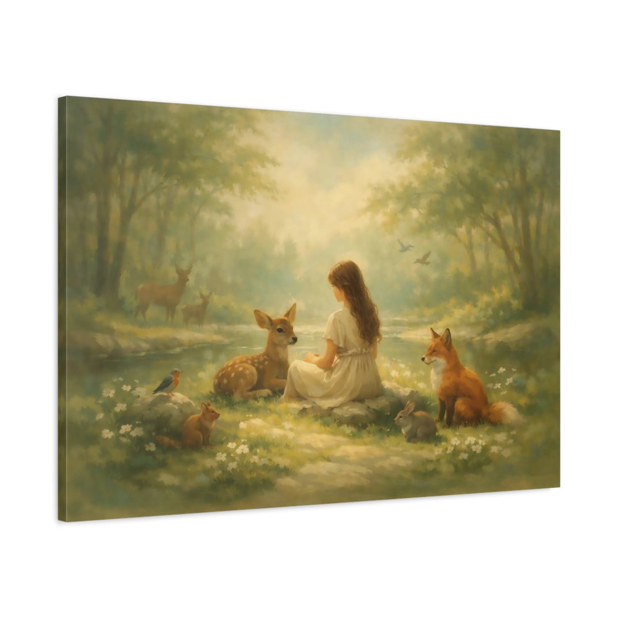 Fairytale Girl And Animals Green Forest - Canvas Wall Art Print - YesArtYes