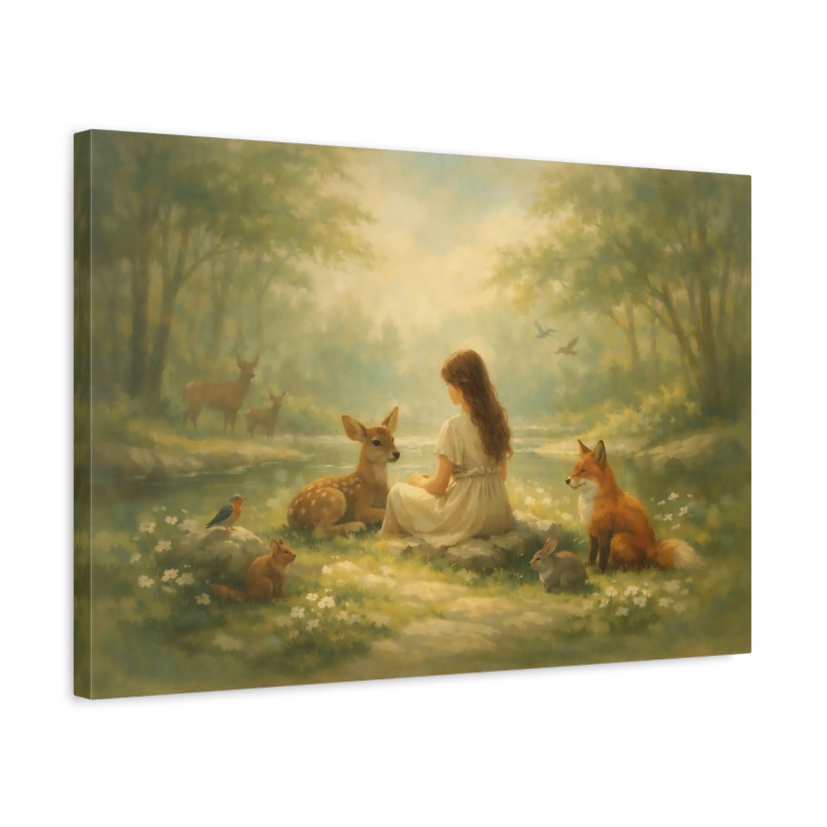 Fairytale Girl And Animals Green Forest - Canvas Wall Art Print - YesArtYes