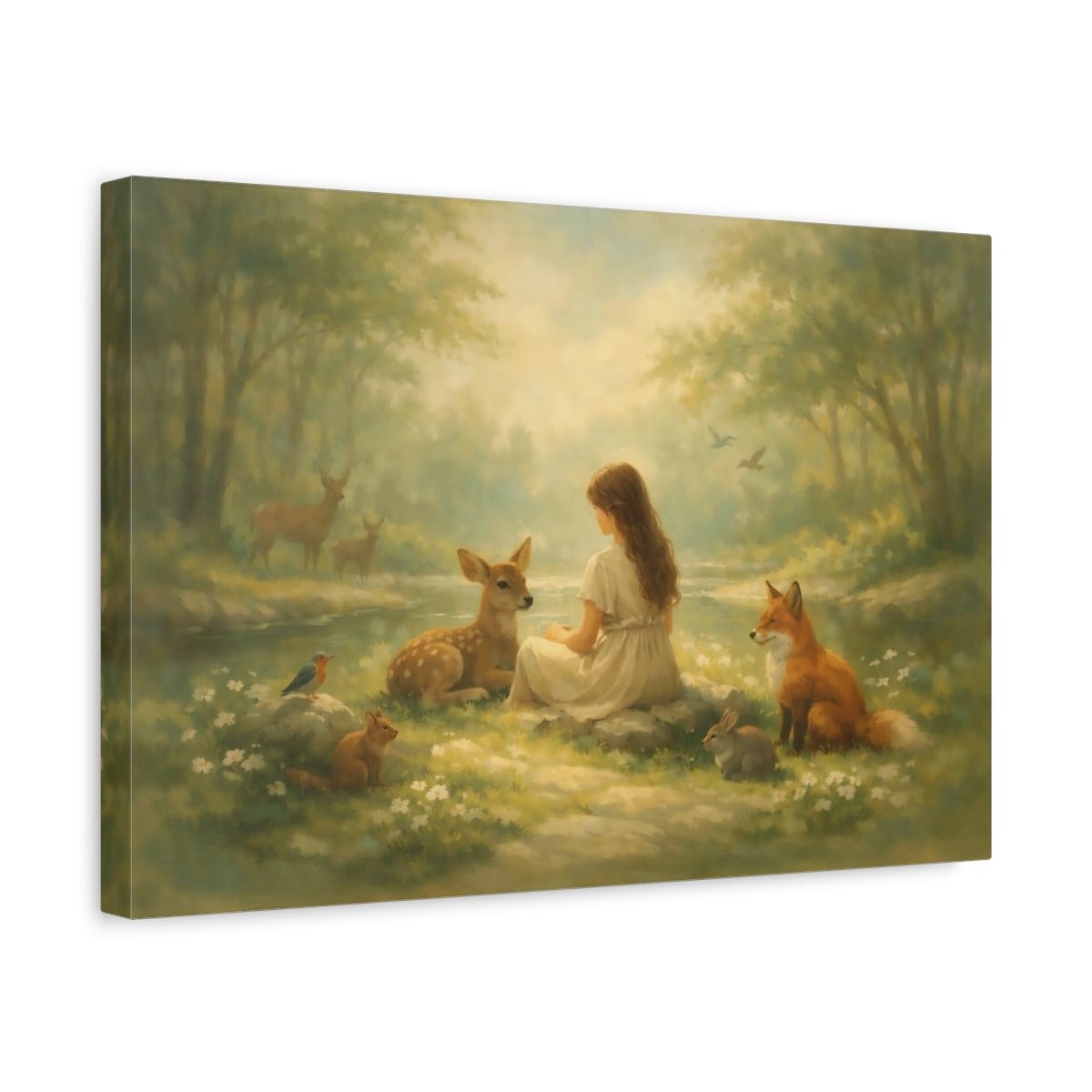 Fairytale Girl And Animals Green Forest - Canvas Wall Art Print - YesArtYes